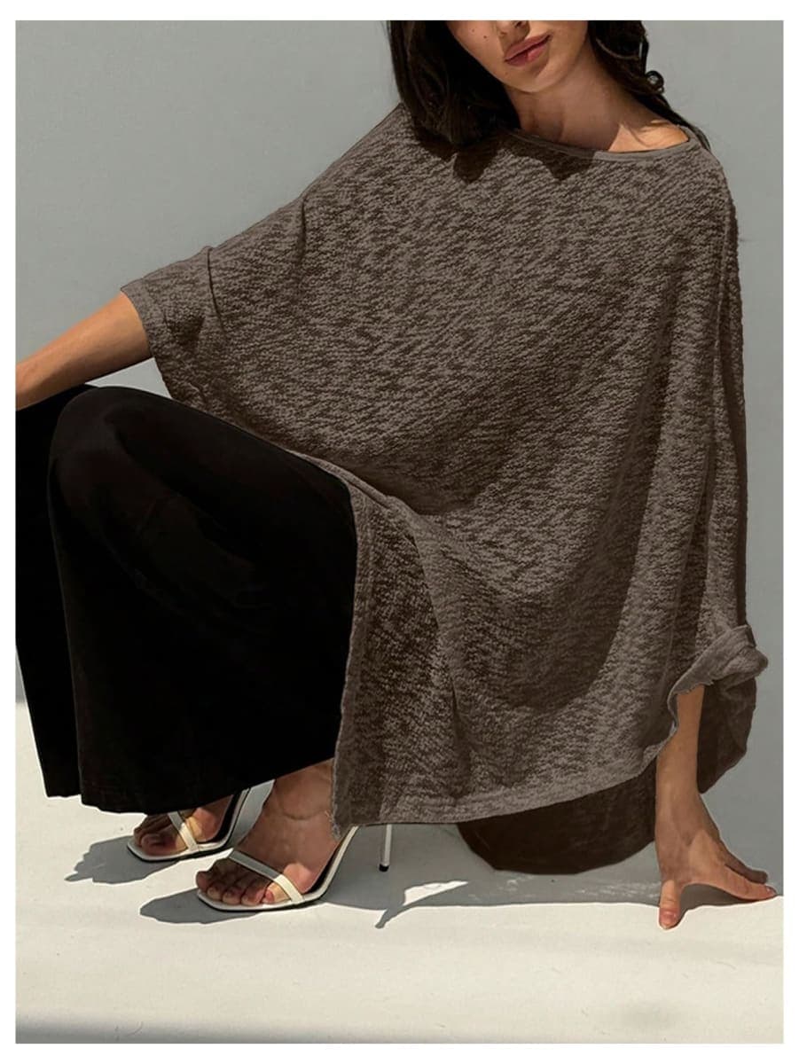 MakeMeChic Women's Sheer Poncho Top Asymmetrical Sweater Shawl Wrap, Brown, Large thumbnail 5