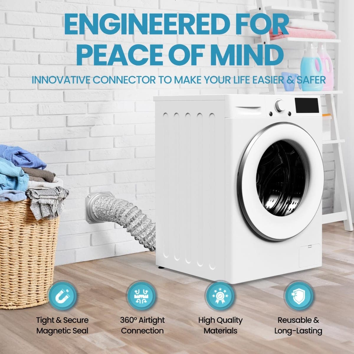 Magnetic Dryer Vent Connector, DV180 Airtight Seal Dryer Vent Kit, Quick Connection, Strong Magnet, Self-Alignment Design, magnetic dryer vent connector kit including a 2.6ft 4" Duct and two Clamps thumbnail 2