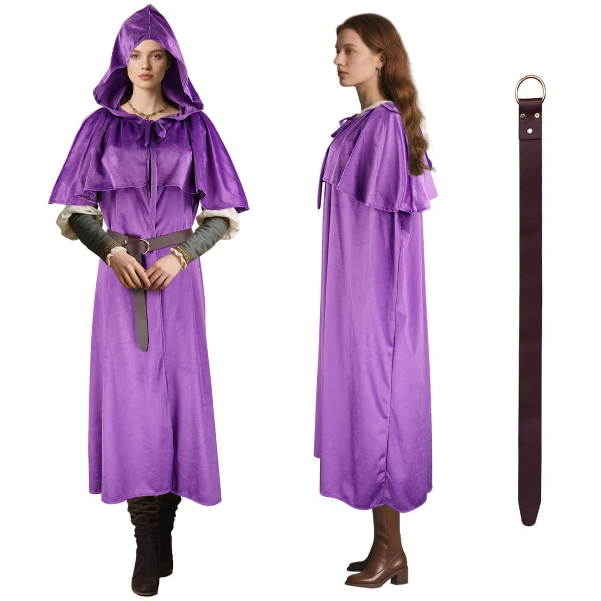 Sunlisky Renaissance Cloak with Hood Medieval Women Hooded Cape with Arm Holes and Belt Hobbit Costumes for Halloween thumbnail 2