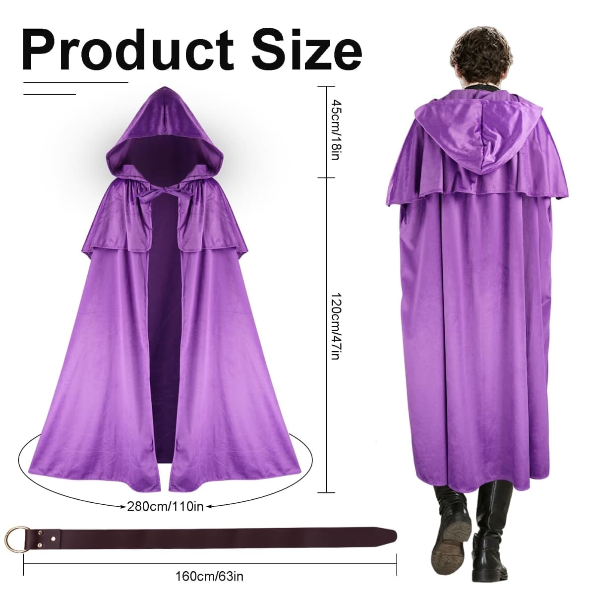 Sunlisky Renaissance Cloak with Hood Medieval Women Hooded Cape with Arm Holes and Belt Hobbit Costumes for Halloween thumbnail 3