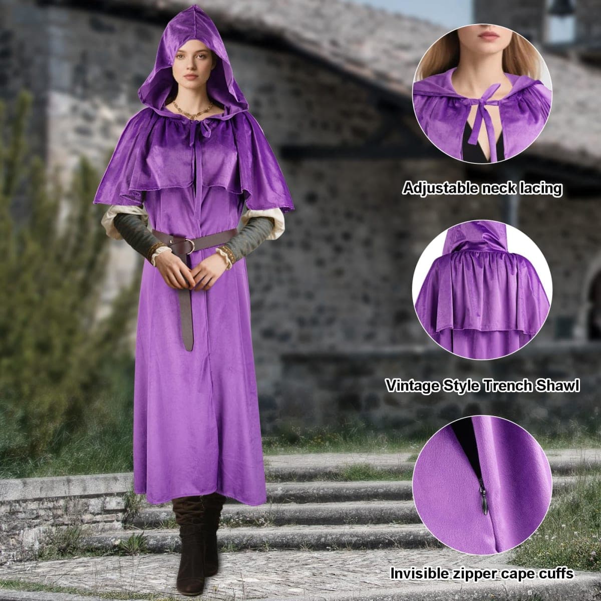 Sunlisky Renaissance Cloak with Hood Medieval Women Hooded Cape with Arm Holes and Belt Hobbit Costumes for Halloween thumbnail 4