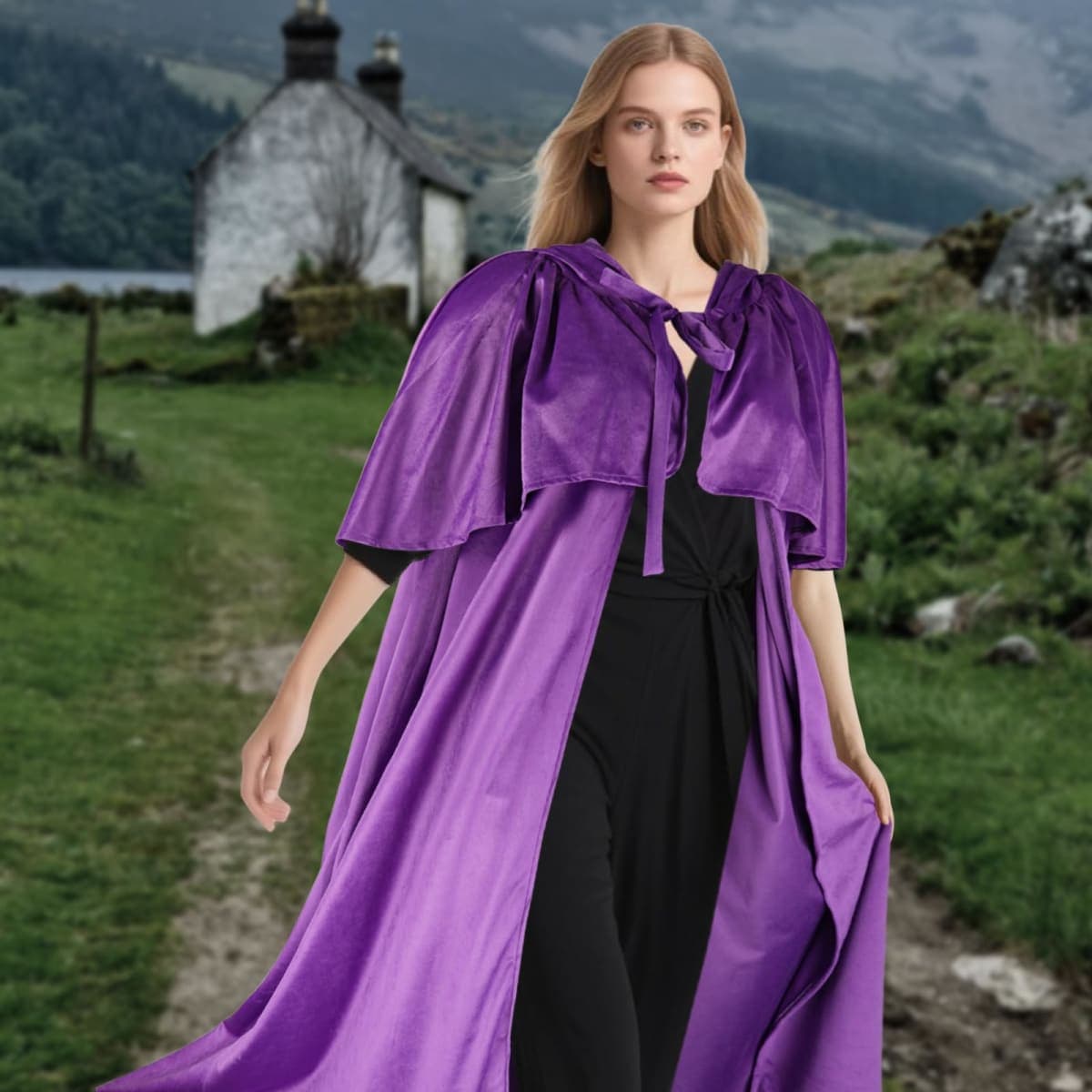 Sunlisky Renaissance Cloak with Hood Medieval Women Hooded Cape with Arm Holes and Belt Hobbit Costumes for Halloween thumbnail 5