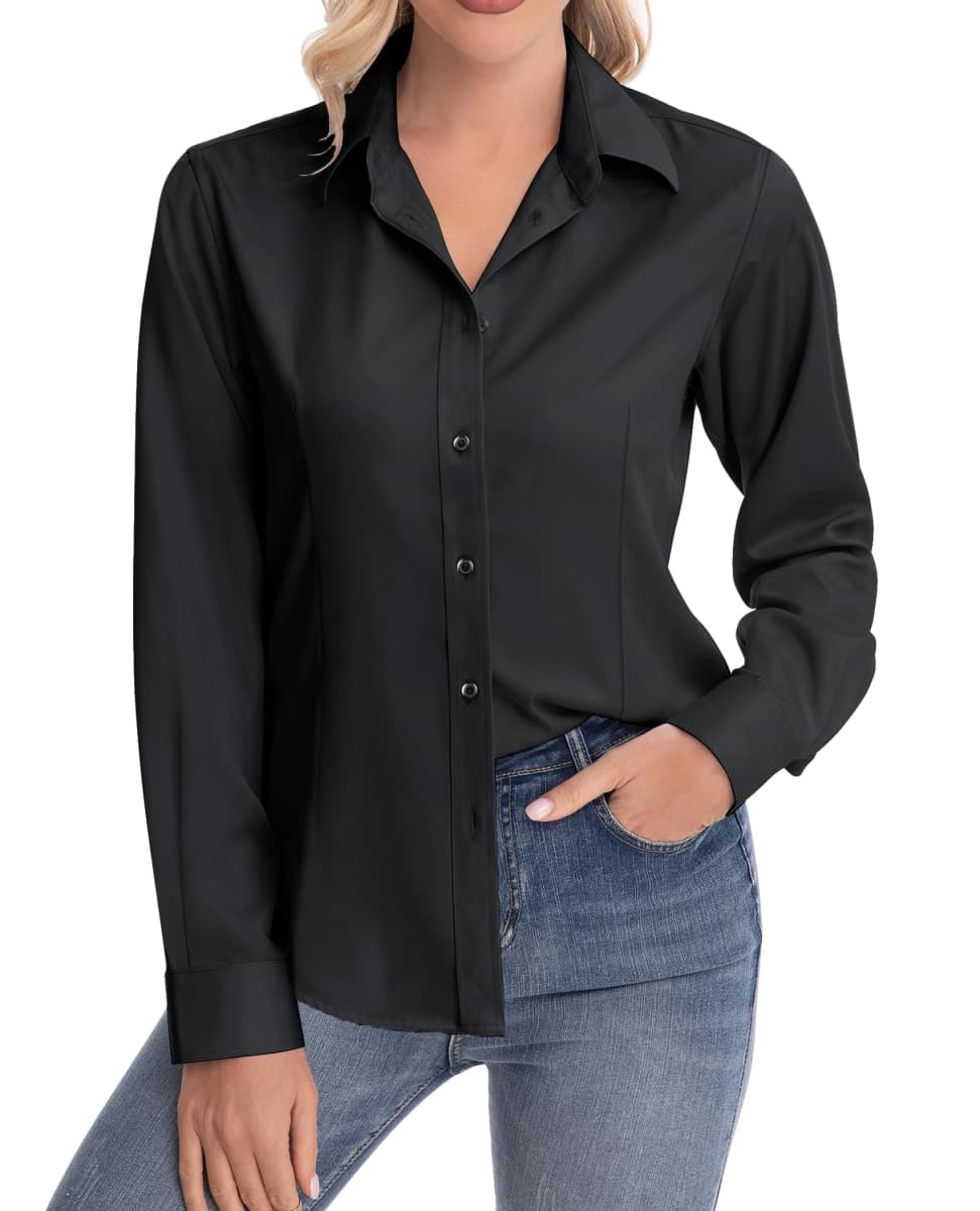siliteelon Womens Classic-Fit Dress Shirts Long Sleeve Button Down Wrinkle-Free Stretch Solid Casual Work Office Blouse Top, Black, X-Large thumbnail 2