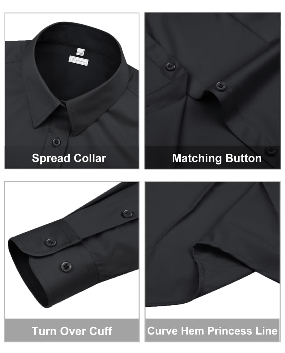 siliteelon Womens Classic-Fit Dress Shirts Long Sleeve Button Down Wrinkle-Free Stretch Solid Casual Work Office Blouse Top, Black, X-Large thumbnail 3