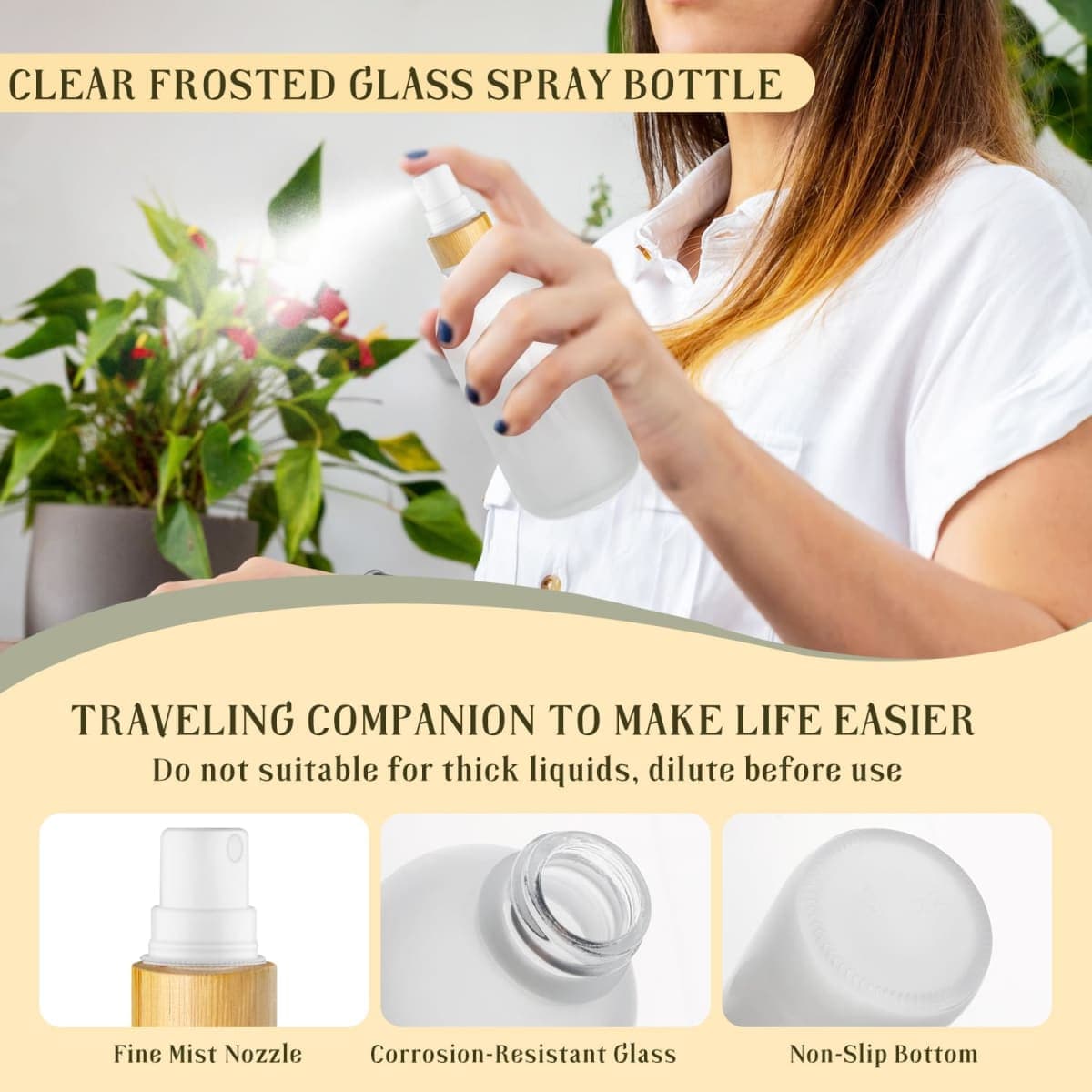 DMuuuDM 4-Pack 4 Oz Glass Spray Bottle with Bamboo Lid,Empty Refillable Fine Mist Atomizer,Leak-Proof Travel Liquid Holder Container for Cologne,Essential Oils,Room Sprays,Cleaning Solutions, Frosted thumbnail 2