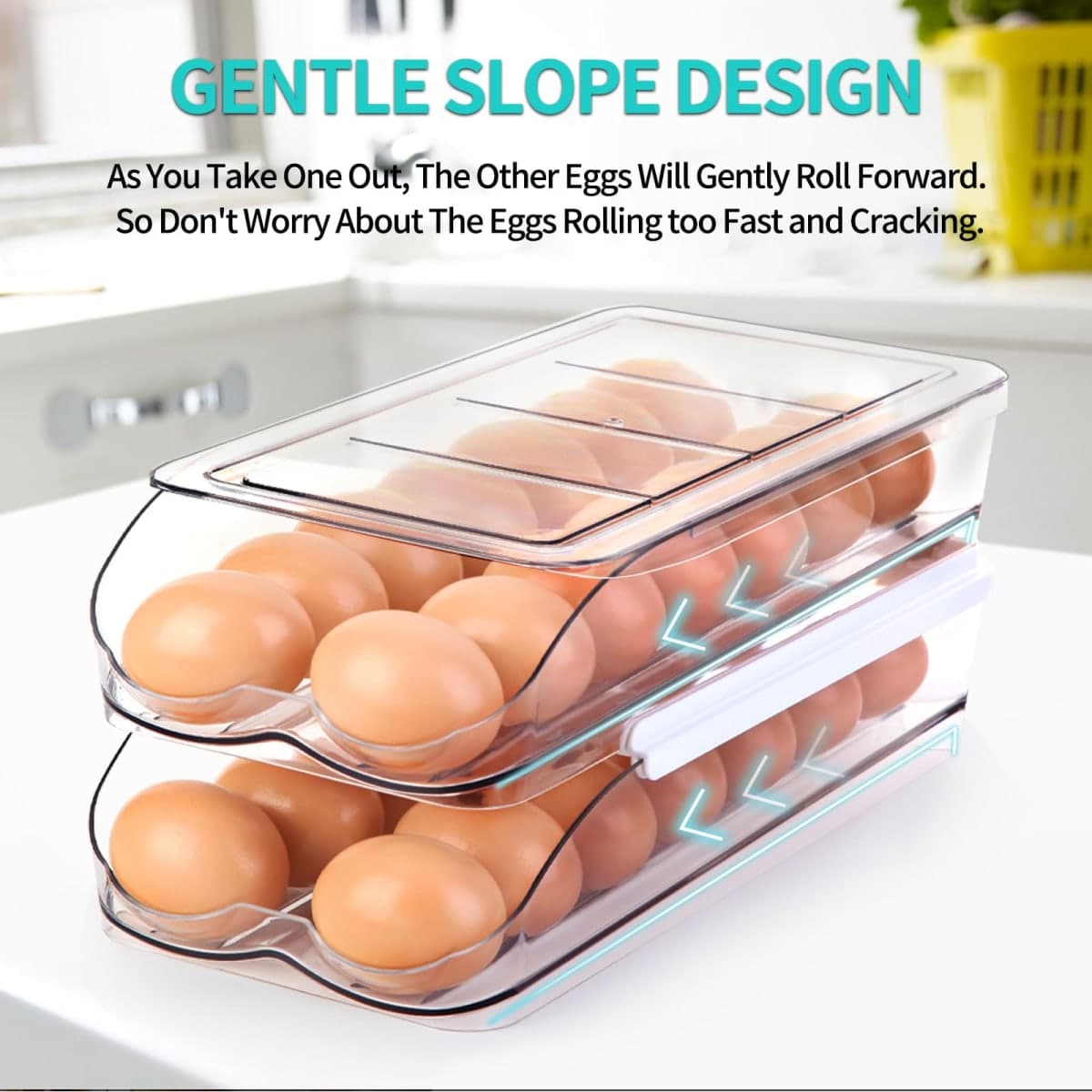 RoskDeewat Egg Holder for Fridge, Automatic Rolling Egg Container for Refrigerator, Stackable Fridge Organizers and Storage with Lid, Clear Plastic Egg Dispenser & Tray (2 Tier) thumbnail 2