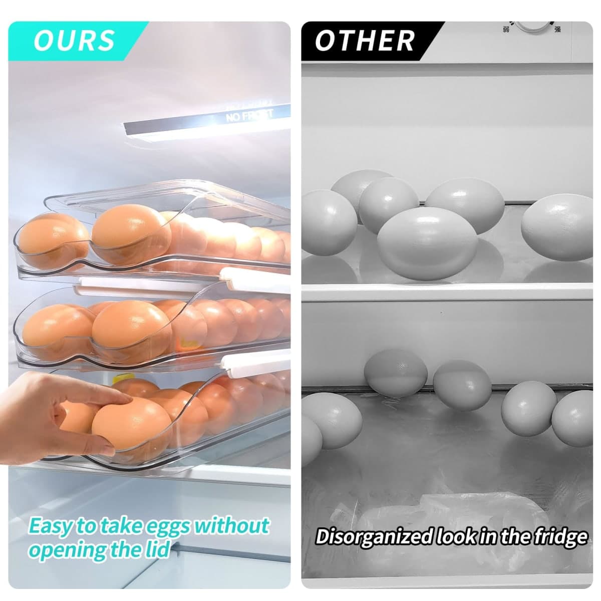 RoskDeewat Egg Holder for Fridge, Automatic Rolling Egg Container for Refrigerator, Stackable Fridge Organizers and Storage with Lid, Clear Plastic Egg Dispenser & Tray (2 Tier) thumbnail 3