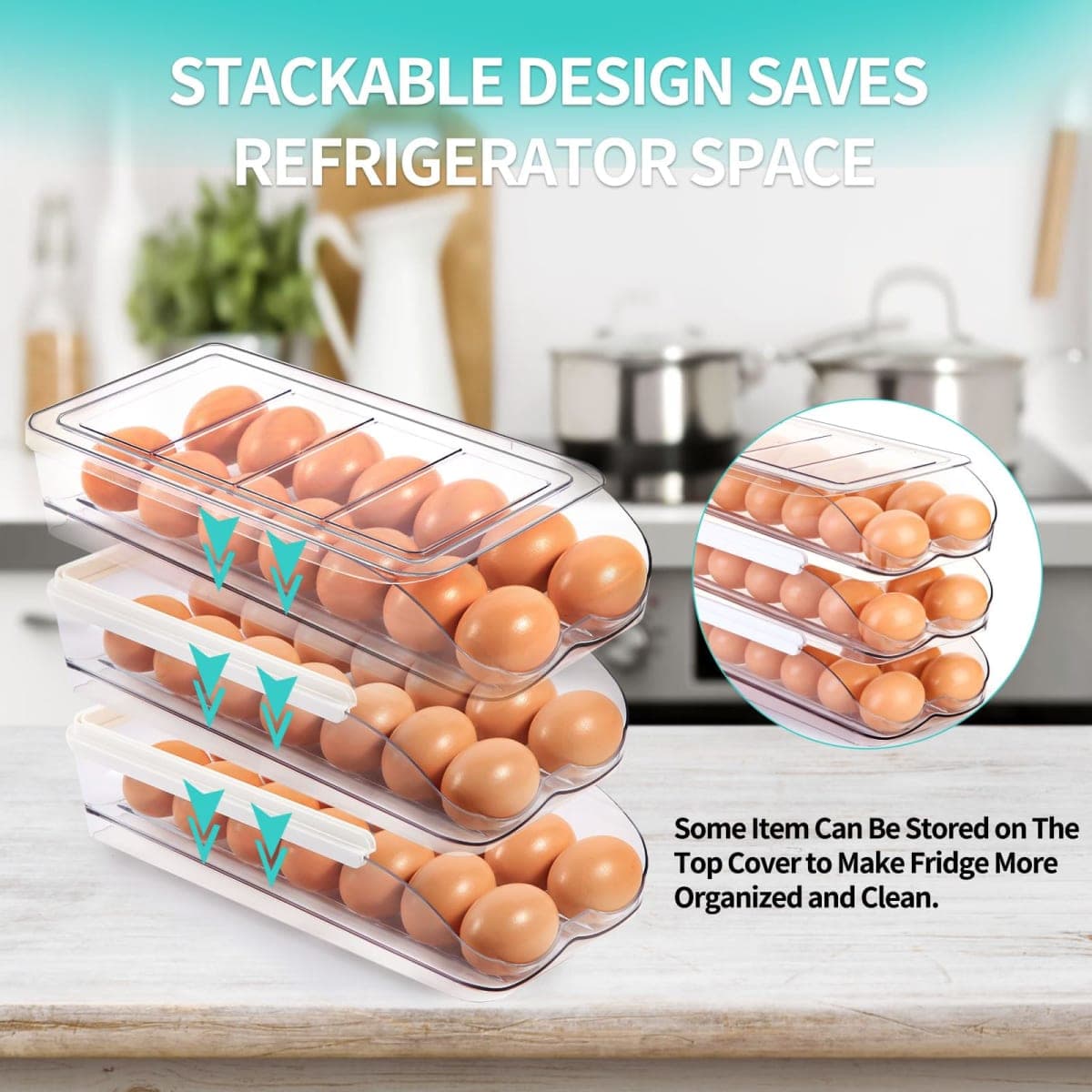 RoskDeewat Egg Holder for Fridge, Automatic Rolling Egg Container for Refrigerator, Stackable Fridge Organizers and Storage with Lid, Clear Plastic Egg Dispenser & Tray (2 Tier) thumbnail 4