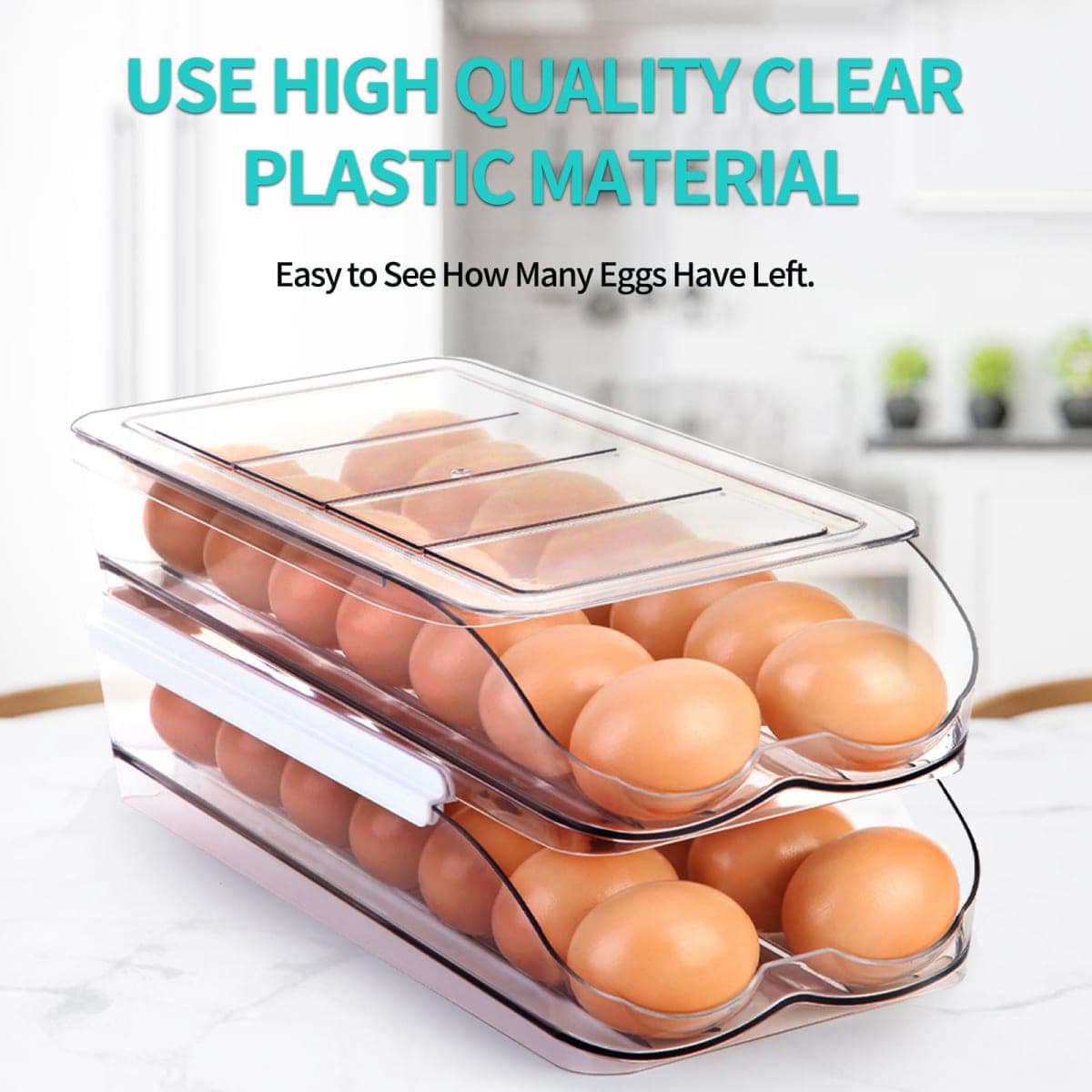 RoskDeewat Egg Holder for Fridge, Automatic Rolling Egg Container for Refrigerator, Stackable Fridge Organizers and Storage with Lid, Clear Plastic Egg Dispenser & Tray (2 Tier) thumbnail 5