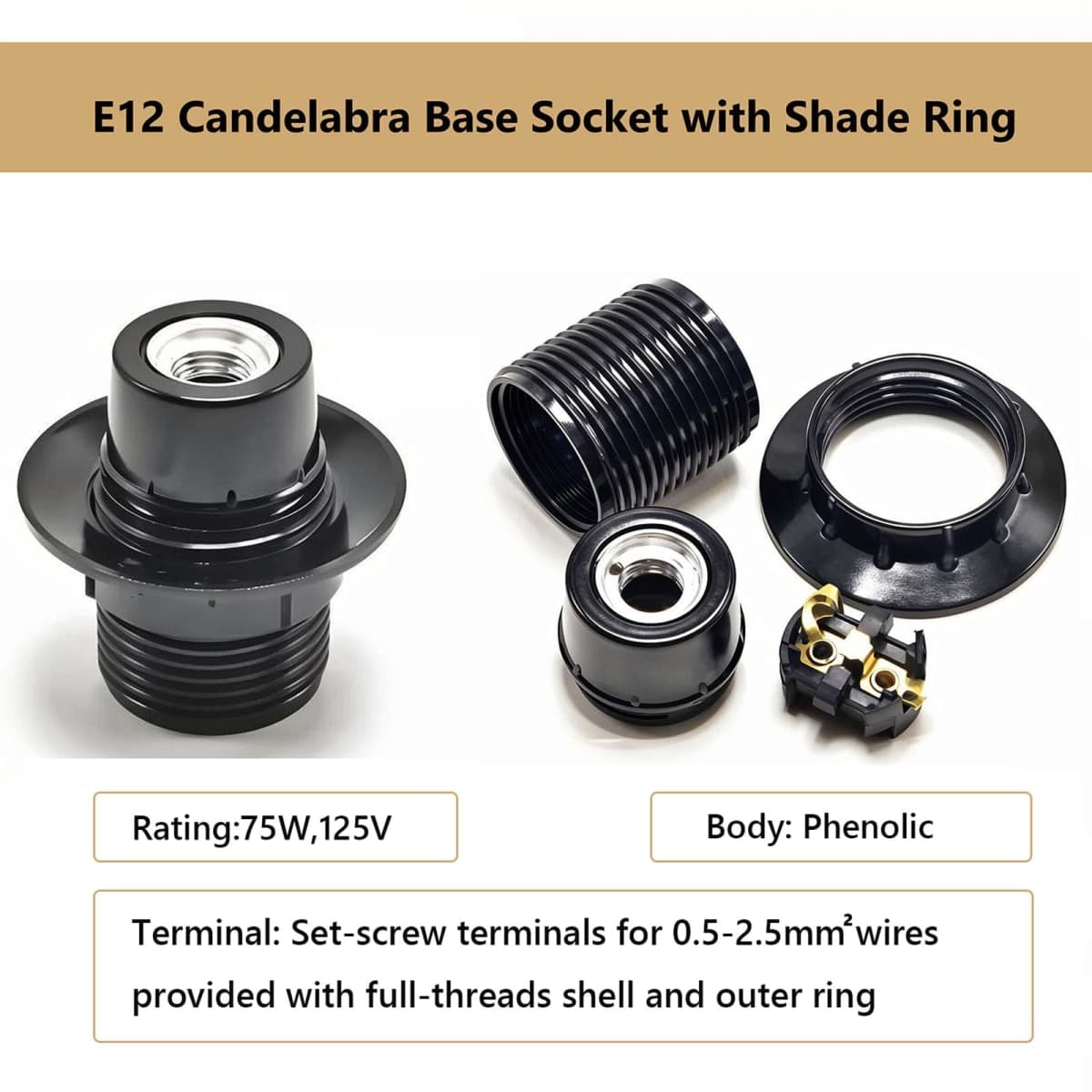 E12 Candelabra Socket,TWDRTDD Black 3-Pack Candelabra Base Lamp Holder Light Socket Black (Full Uno Thread and Ring) thumbnail 3