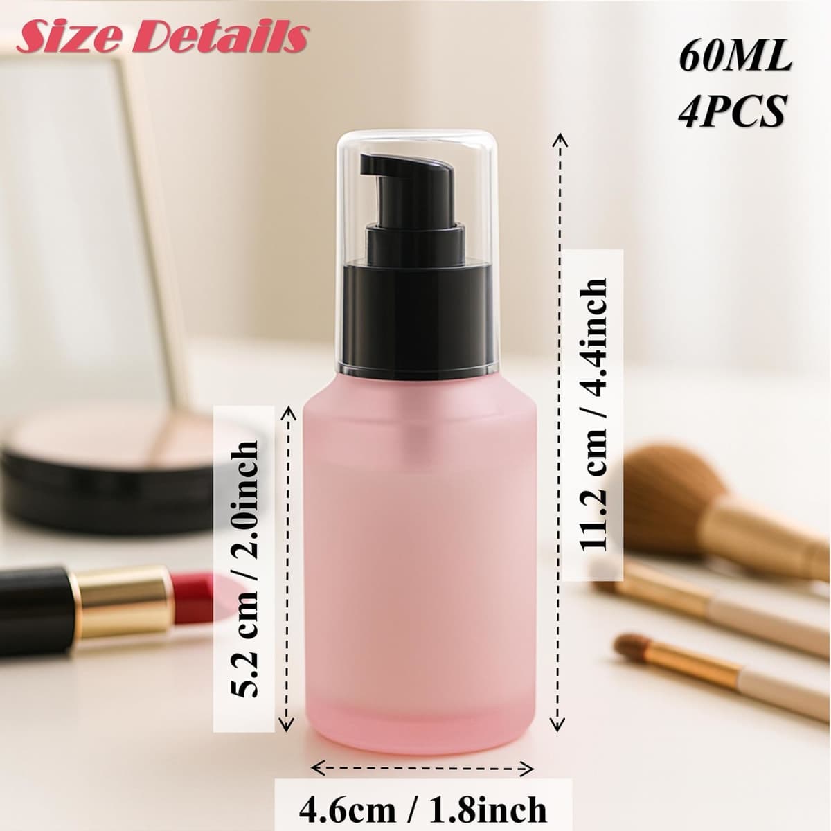 4 Packs 60m/2Ozl Frosted Pink Glass Lotion Pump Bottles Refillable Dispenser Containers with Black Pump & Clear Cap Reusable Empty Skincare Bottles for Serum, Moisturizer, Foundation, DIY Cosmetics thumbnail 2