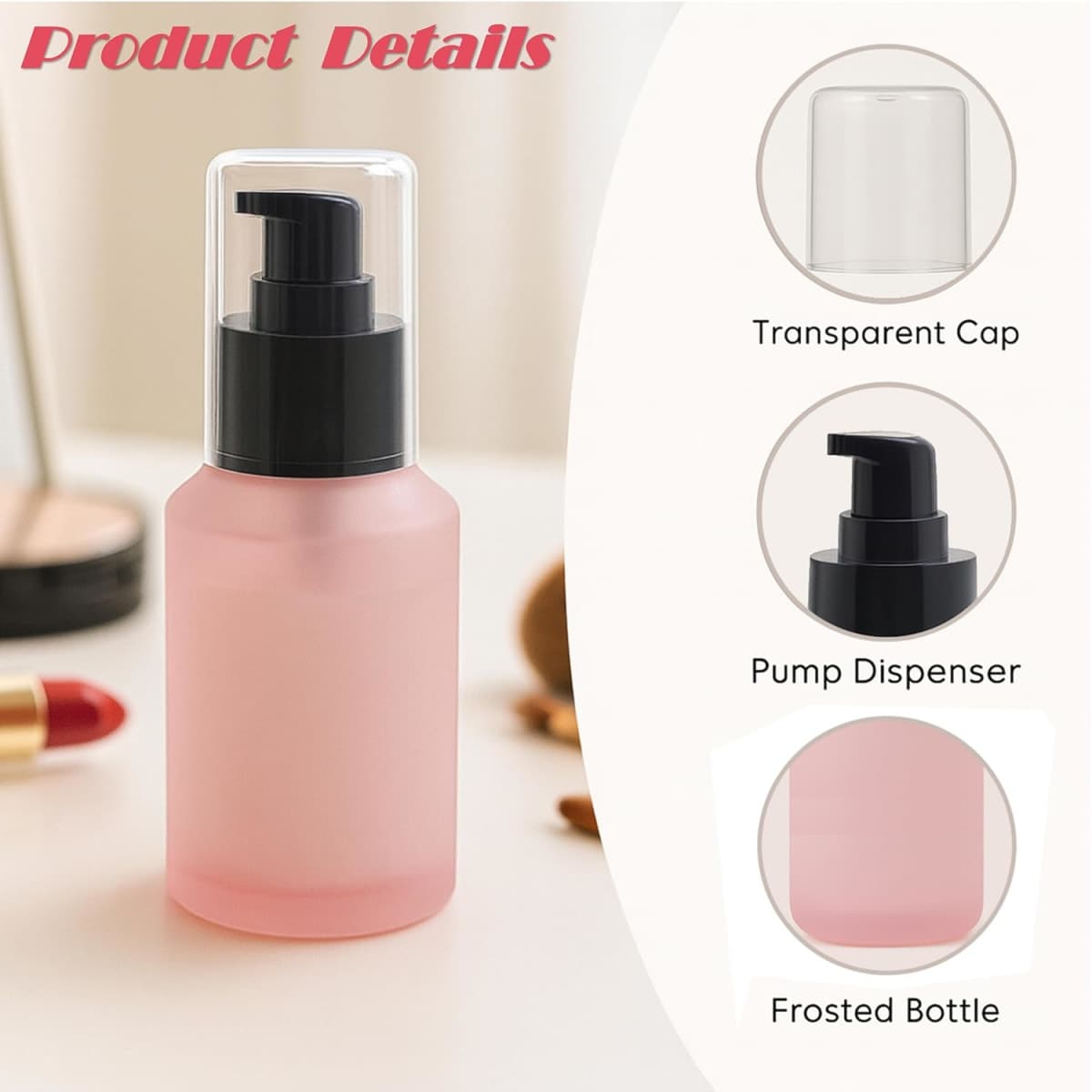 4 Packs 60m/2Ozl Frosted Pink Glass Lotion Pump Bottles Refillable Dispenser Containers with Black Pump & Clear Cap Reusable Empty Skincare Bottles for Serum, Moisturizer, Foundation, DIY Cosmetics thumbnail 3