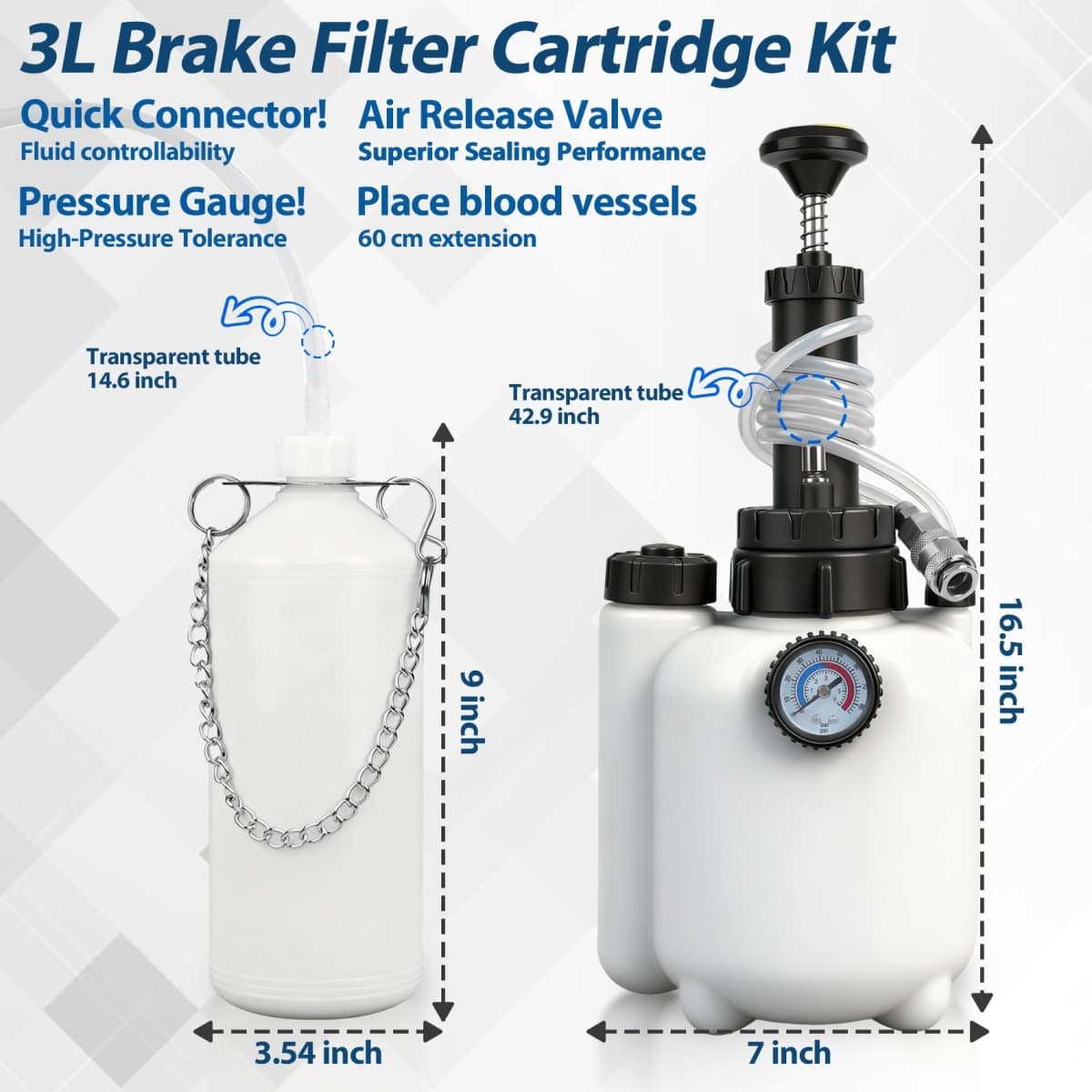 Beefire 3L Manual Brake Bleeder Kit with Pressure Gauge for Most Vehicles thumbnail 2