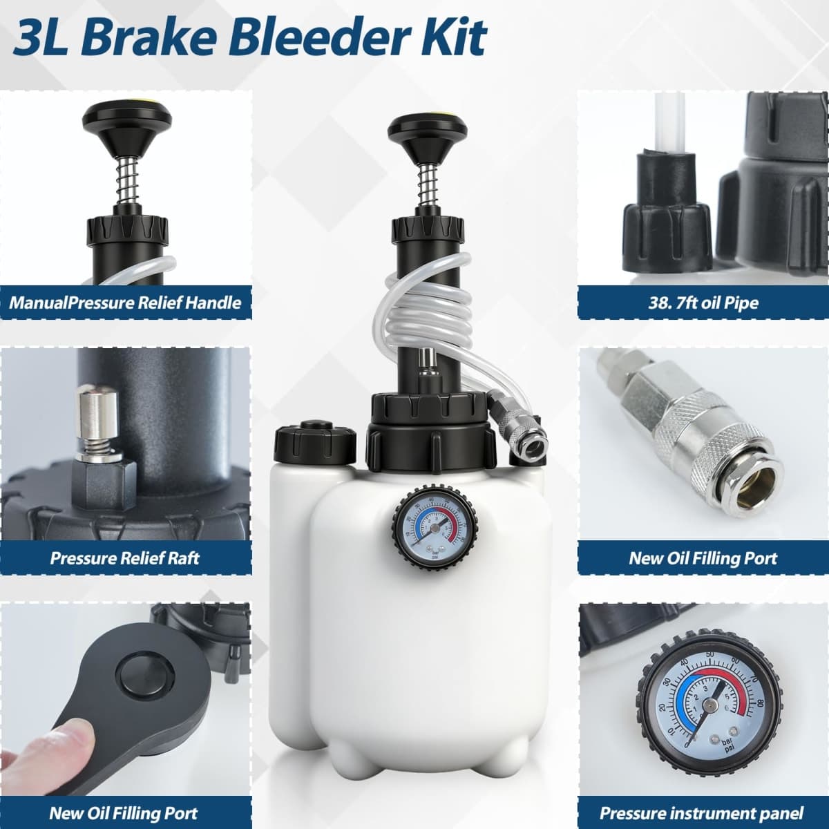 Beefire 3L Manual Brake Bleeder Kit with Pressure Gauge for Most Vehicles thumbnail 4