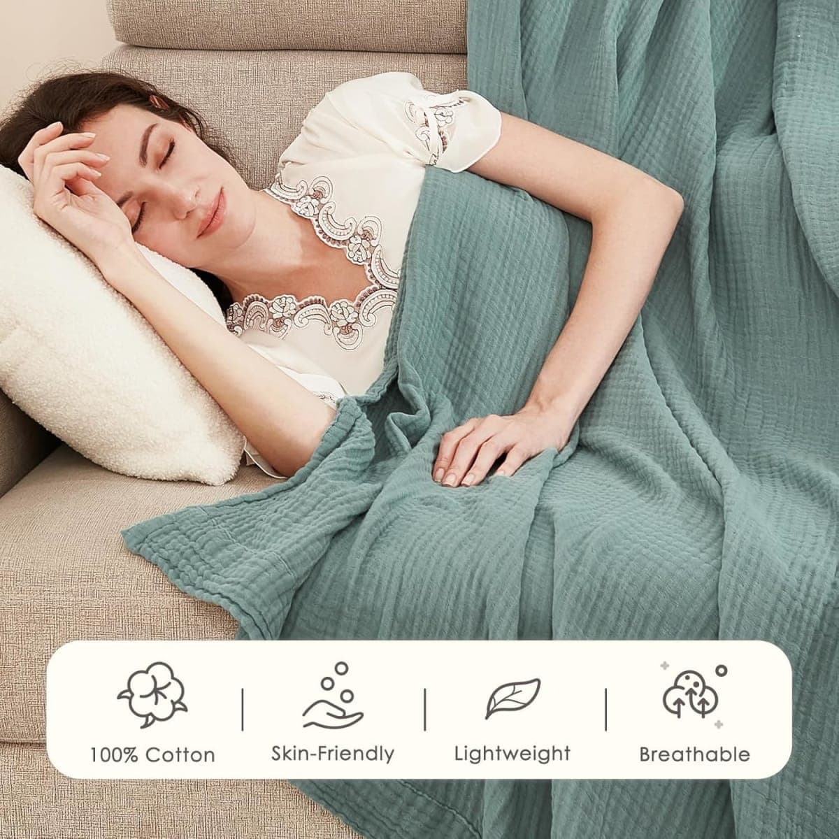 EMME Muslin Cotton Blanket for Bed Soft Muslin Blankets Lightweight Breathable All Season Gauze,Bluish Green,Queen (90" X 90") thumbnail 2