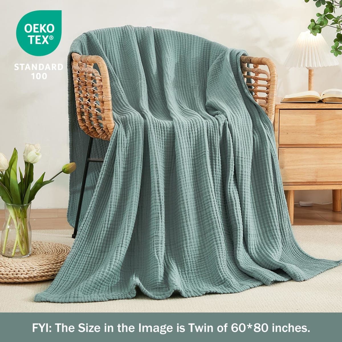 EMME Muslin Cotton Blanket for Bed Soft Muslin Blankets Lightweight Breathable All Season Gauze,Bluish Green,Queen (90" X 90") thumbnail 4