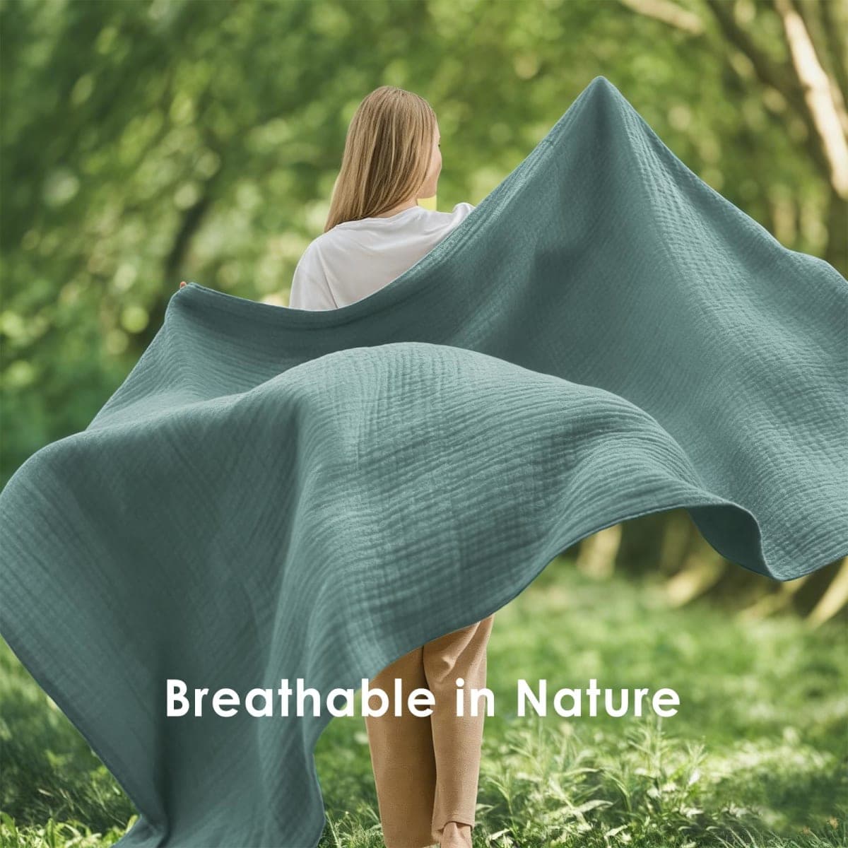 EMME Muslin Cotton Blanket for Bed Soft Muslin Blankets Lightweight Breathable All Season Gauze,Bluish Green,Queen (90" X 90") thumbnail 5