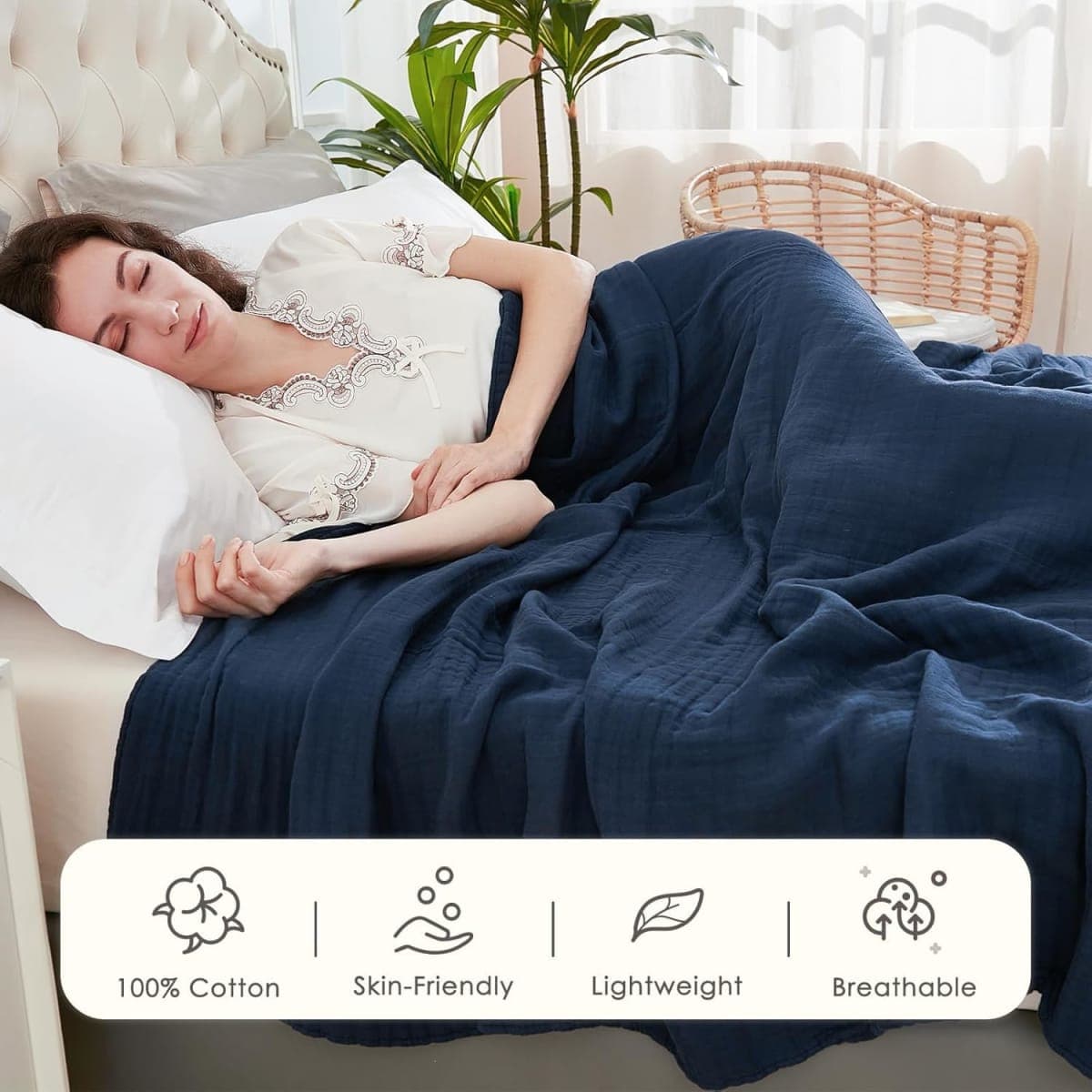 EMME Muslin Cotton Blanket for Bed Soft Muslin Blankets Lightweight Breathable All Season Gauze,Navy,Queen (90" X 90") thumbnail 2