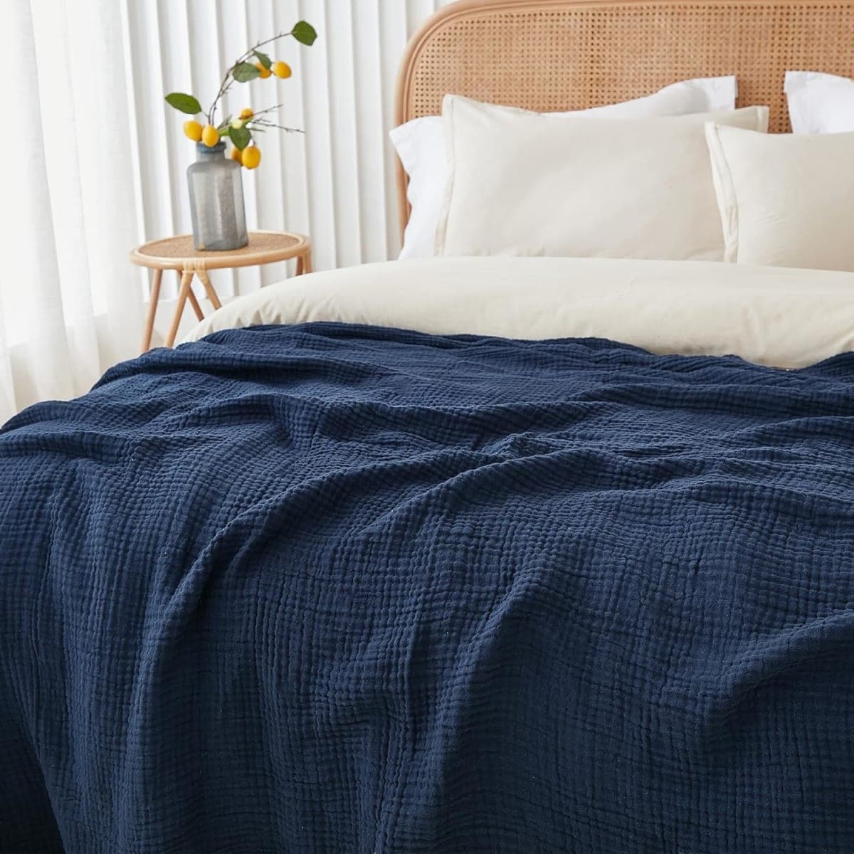 EMME Muslin Cotton Blanket for Bed Soft Muslin Blankets Lightweight Breathable All Season Gauze,Navy,Queen (90" X 90") thumbnail 3