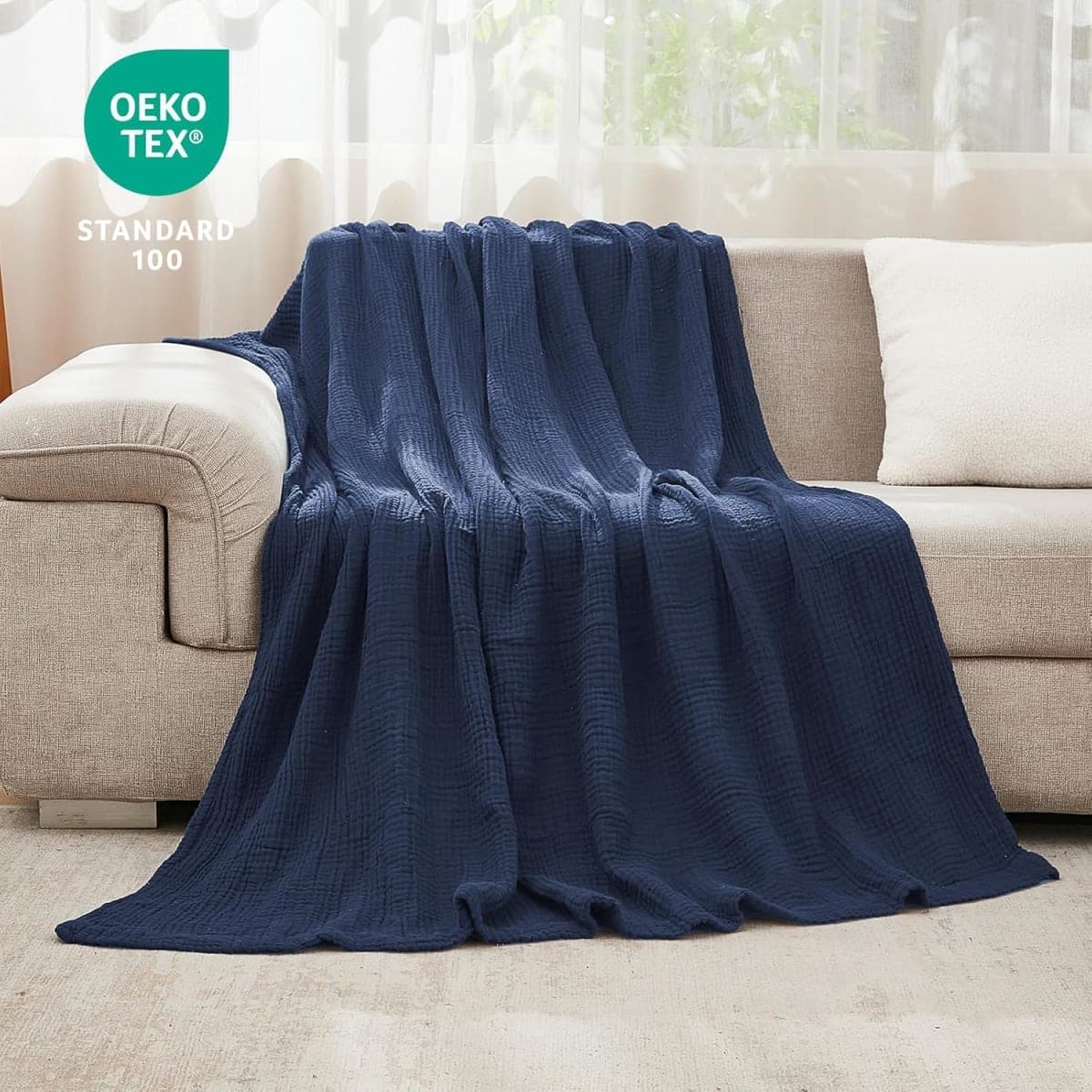 EMME Muslin Cotton Blanket for Bed Soft Muslin Blankets Lightweight Breathable All Season Gauze,Navy,Queen (90" X 90") thumbnail 4