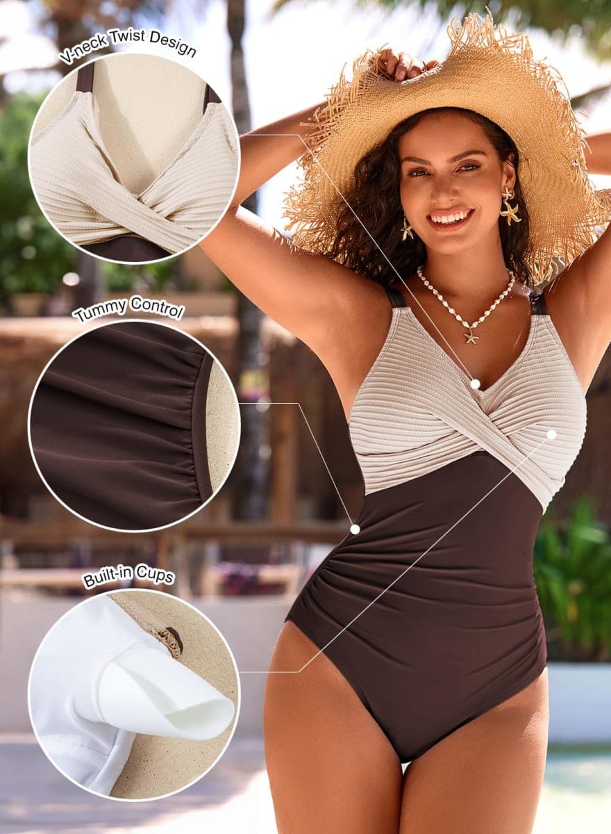 Pink Queen Women One Piece Swimsuit Patchwork Tummy Control Bathing Suits, Dark Brown, X-Large thumbnail 4
