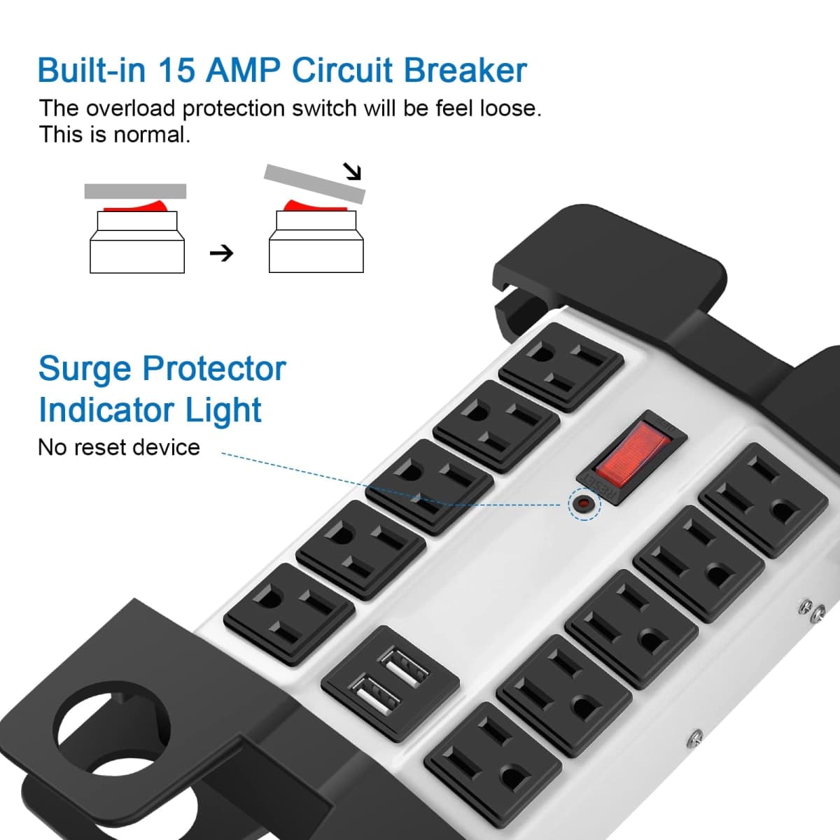 CCCEI Heavy Duty Power Strip with USB Ports, 10 Outlets. Grey, 5FT. thumbnail 4