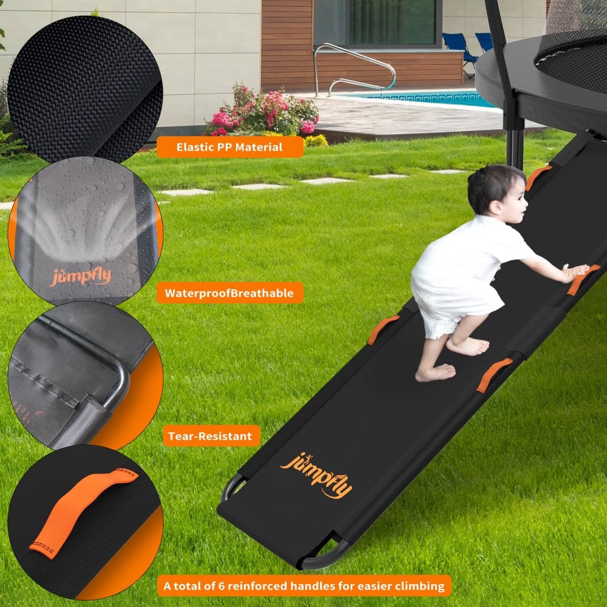 jumpfly Trampoline Slide Ladder Universal Trampoline Ladder with Handles Strong Tear Resistant Fabric Trampoline Accessories for Kids Toddler Climb Up & Slide Down, Orange thumbnail 3
