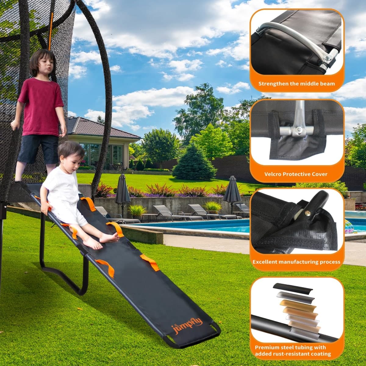 jumpfly Trampoline Slide Ladder Universal Trampoline Ladder with Handles Strong Tear Resistant Fabric Trampoline Accessories for Kids Toddler Climb Up & Slide Down, Orange thumbnail 4