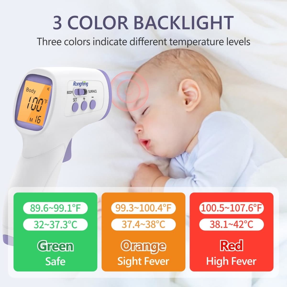 No-Touch Forehead Thermometer for Adults,Kids & Babies,1-Second Fast Reading Digital Thermometer with Fever Alarm,3-Color Backlit & 32 Memories,Non-Contact Baby Thermometer for Body,FDA Cleared thumbnail 4
