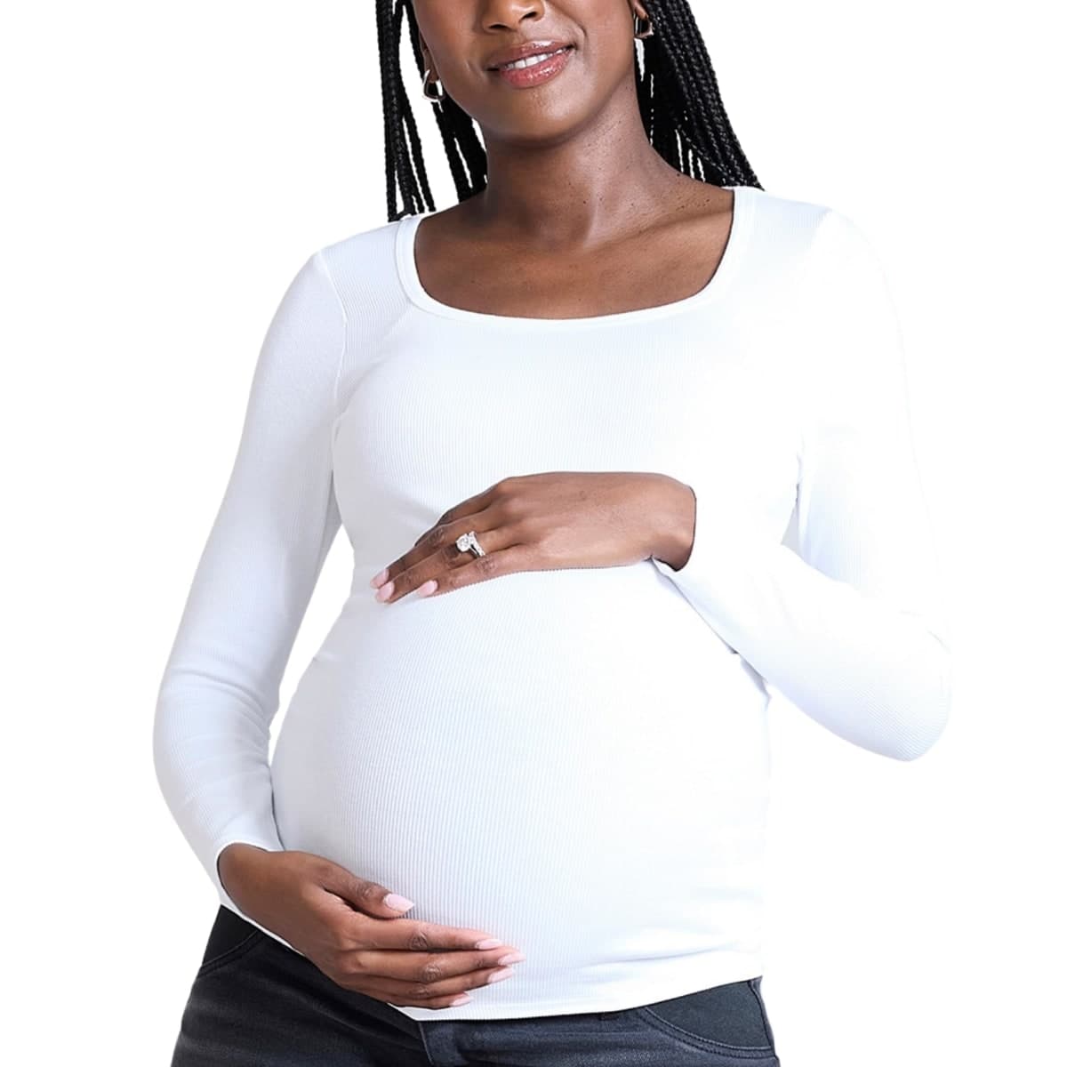 Motherhood Maternity Women's Long Sleeve Square Neck Ribbed Pregnancy T-Shirt, White, Medium thumbnail 2