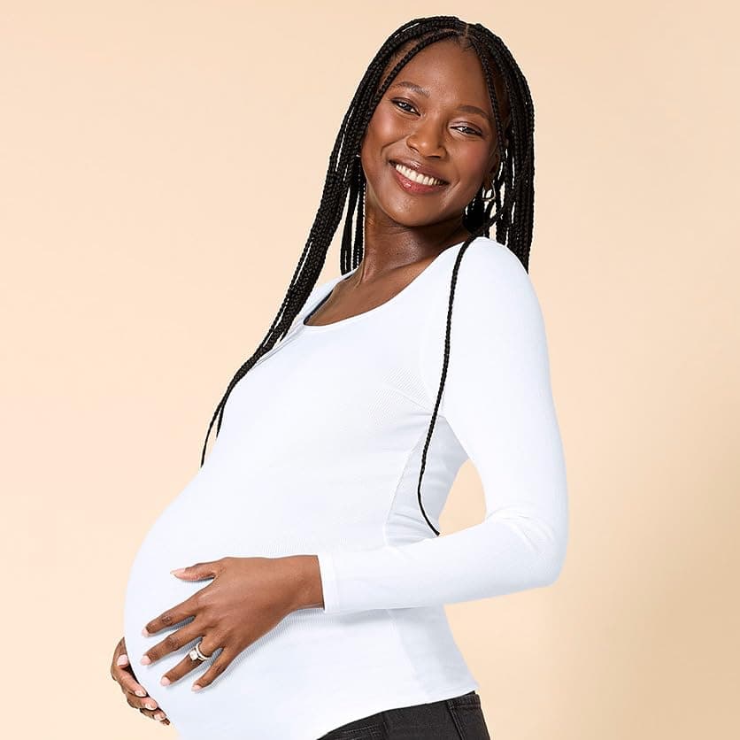 Motherhood Maternity Women's Long Sleeve Square Neck Ribbed Pregnancy T-Shirt, White, Medium thumbnail 4