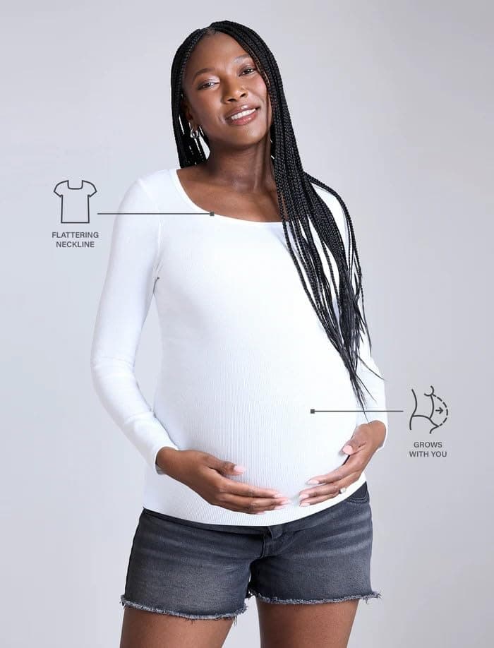 Motherhood Maternity Women's Long Sleeve Square Neck Ribbed Pregnancy T-Shirt, White, Medium thumbnail 5
