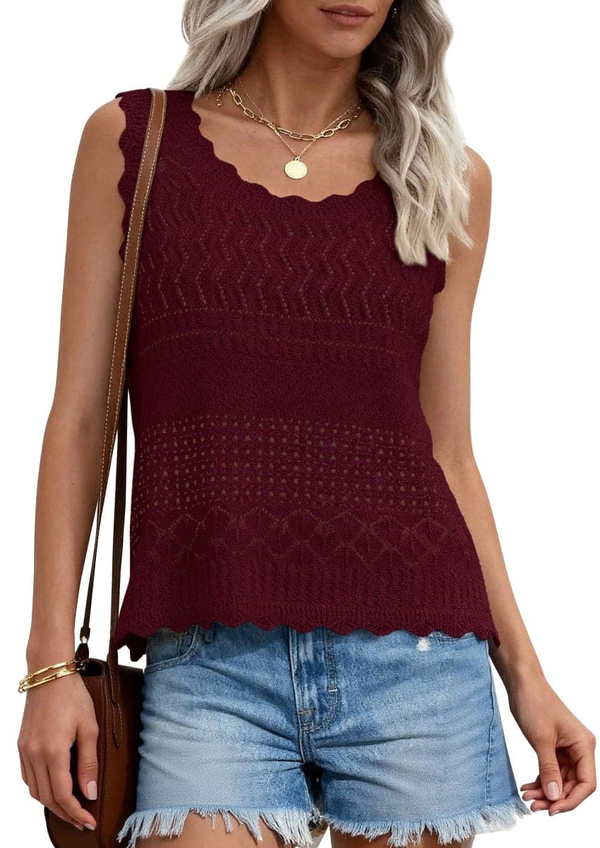 PRETTYGARDEN Womens Crochet Tank Tops Knit Sleeveless Vest(Wine Red,L) — image 1