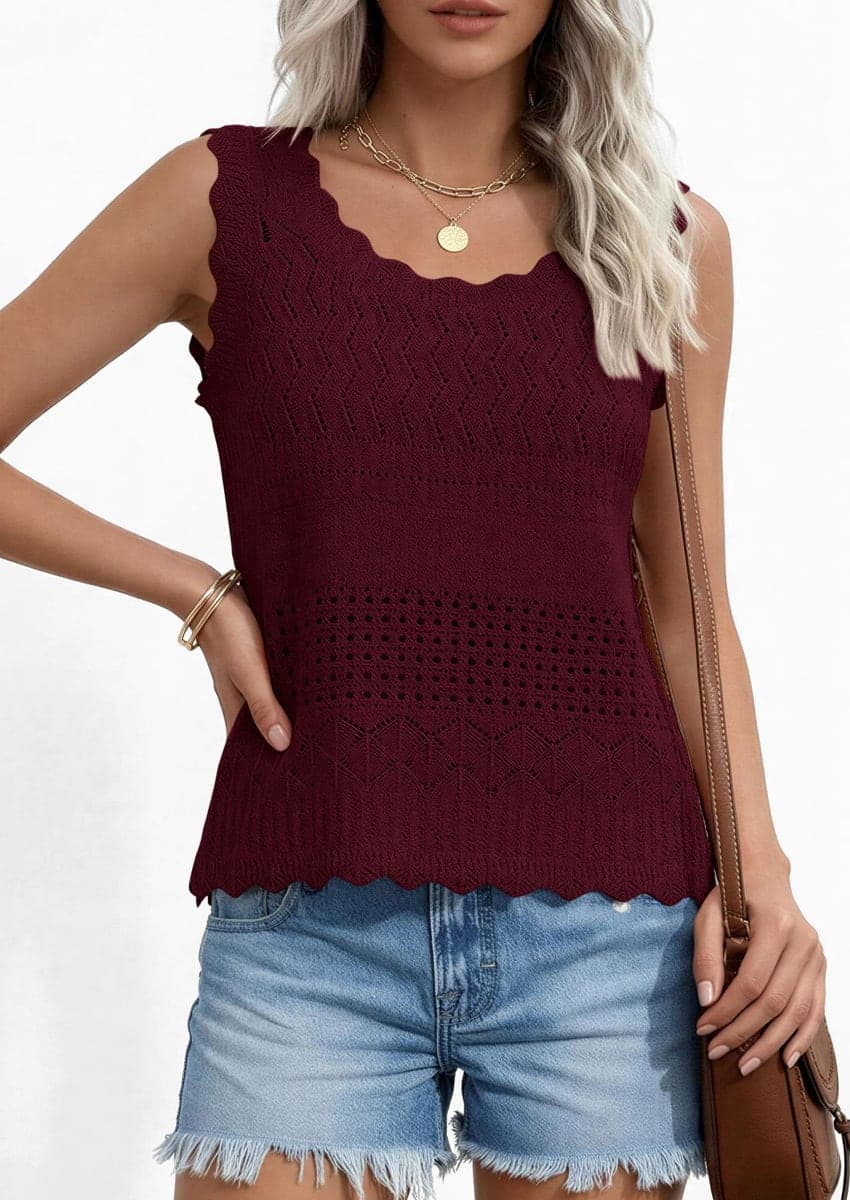 PRETTYGARDEN Womens Crochet Tank Tops Knit Sleeveless Vest(Wine Red,L) thumbnail 2