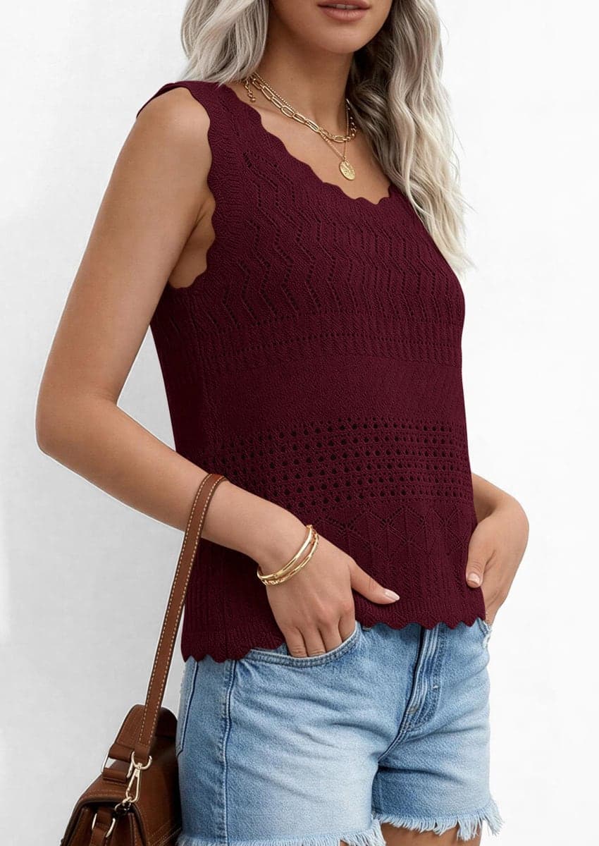 PRETTYGARDEN Womens Crochet Tank Tops Knit Sleeveless Vest(Wine Red,L) thumbnail 3