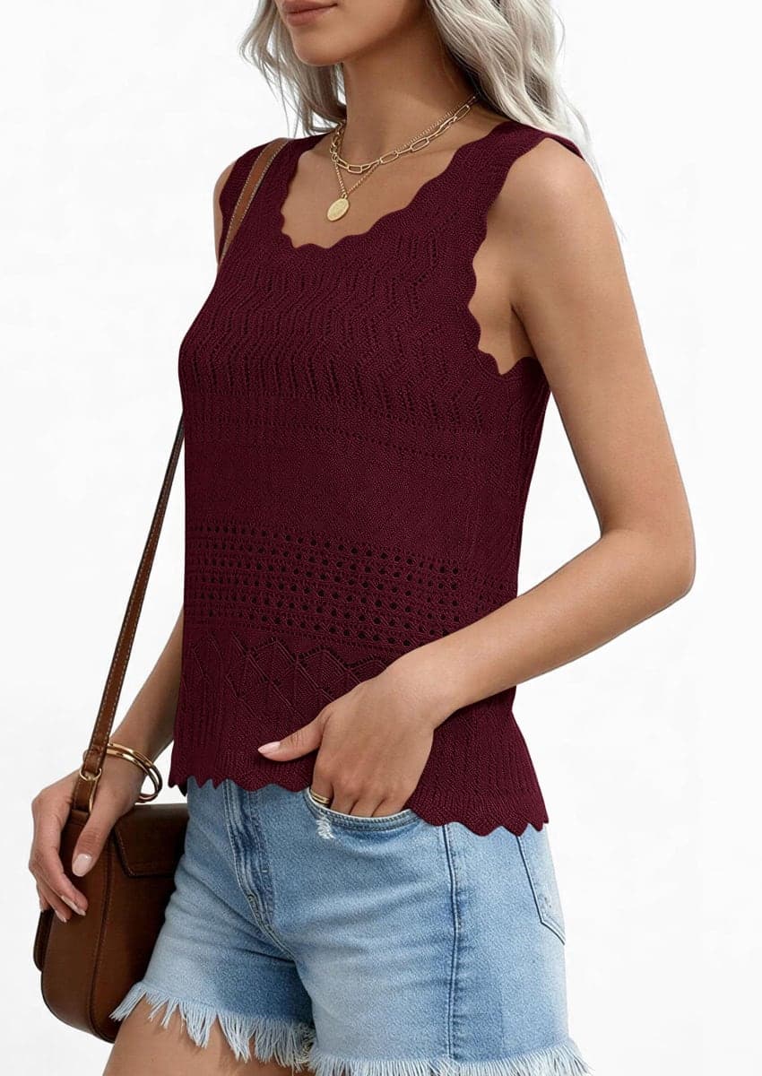 PRETTYGARDEN Womens Crochet Tank Tops Knit Sleeveless Vest(Wine Red,L) thumbnail 4