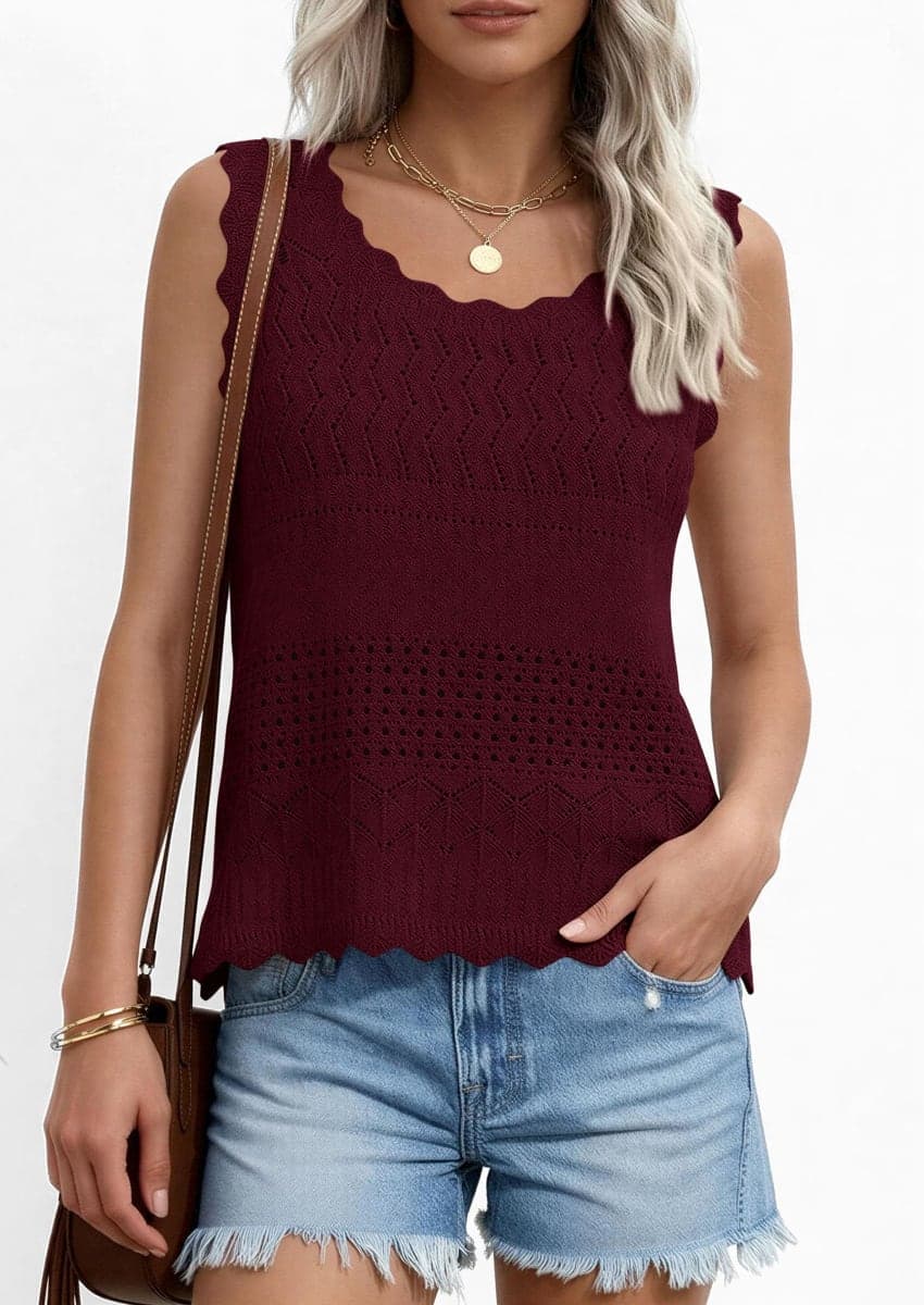 PRETTYGARDEN Womens Crochet Tank Tops Knit Sleeveless Vest(Wine Red,L) thumbnail 5