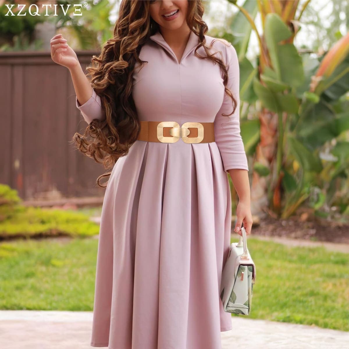 XZQTIVE Women Wide Elastic Belts for Dress Fashion Stretchy Waist Belts for Ladies with Gold Buckle, Brown (Gold Buckle), Fit Waist 33-37in thumbnail 4