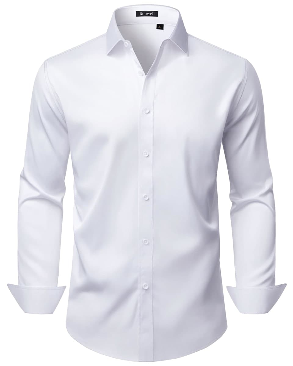 ROUWELL Mens Dress Shirts Long Sleeve Stretch Wrinkle Free Casual Shirt Business Work Formal Wedding Button Down Shirts, White, X-Large — image 1