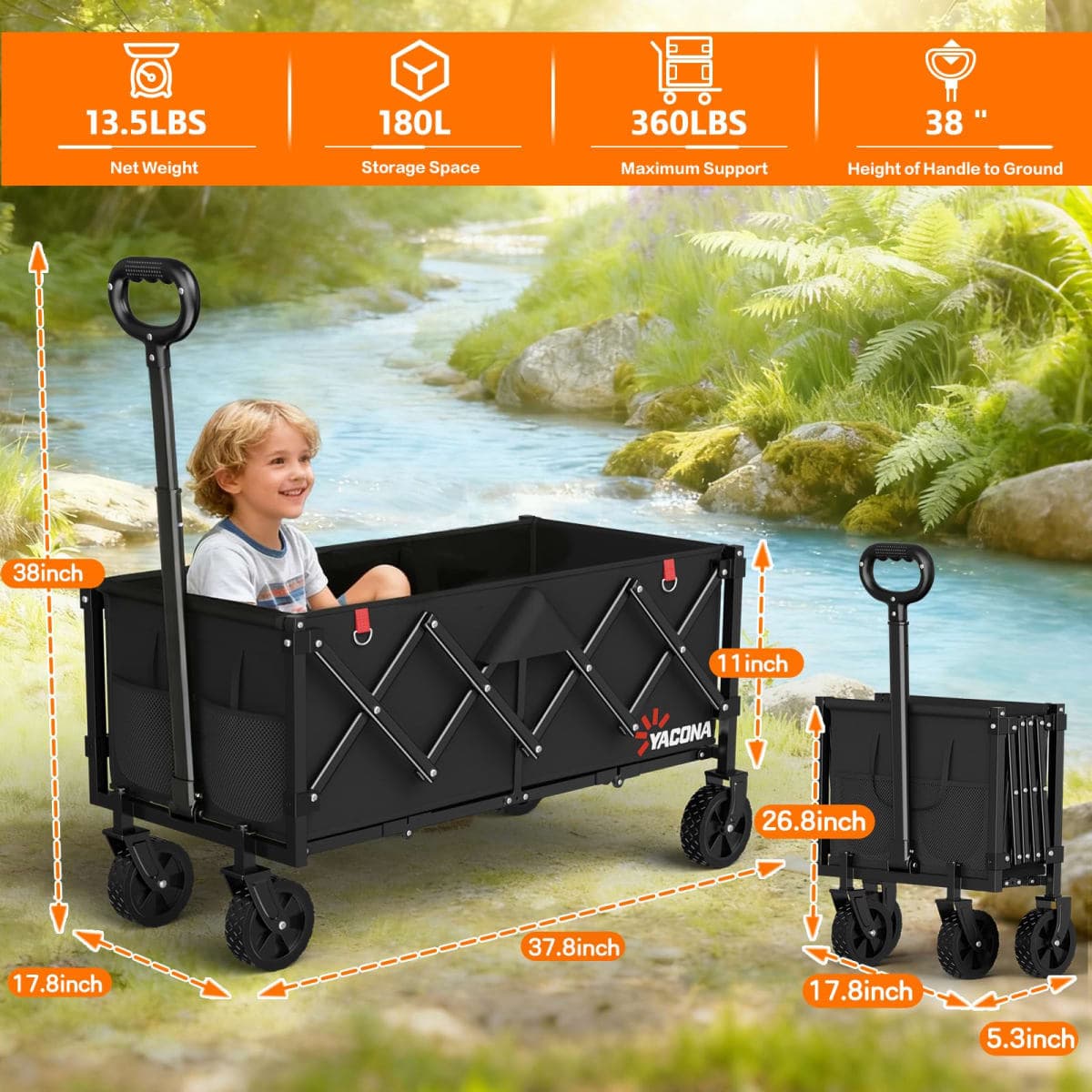 35" L Extra Long Wagons Carts Foldable, 360LBS Beach Wagon with Wheels thumbnail 4