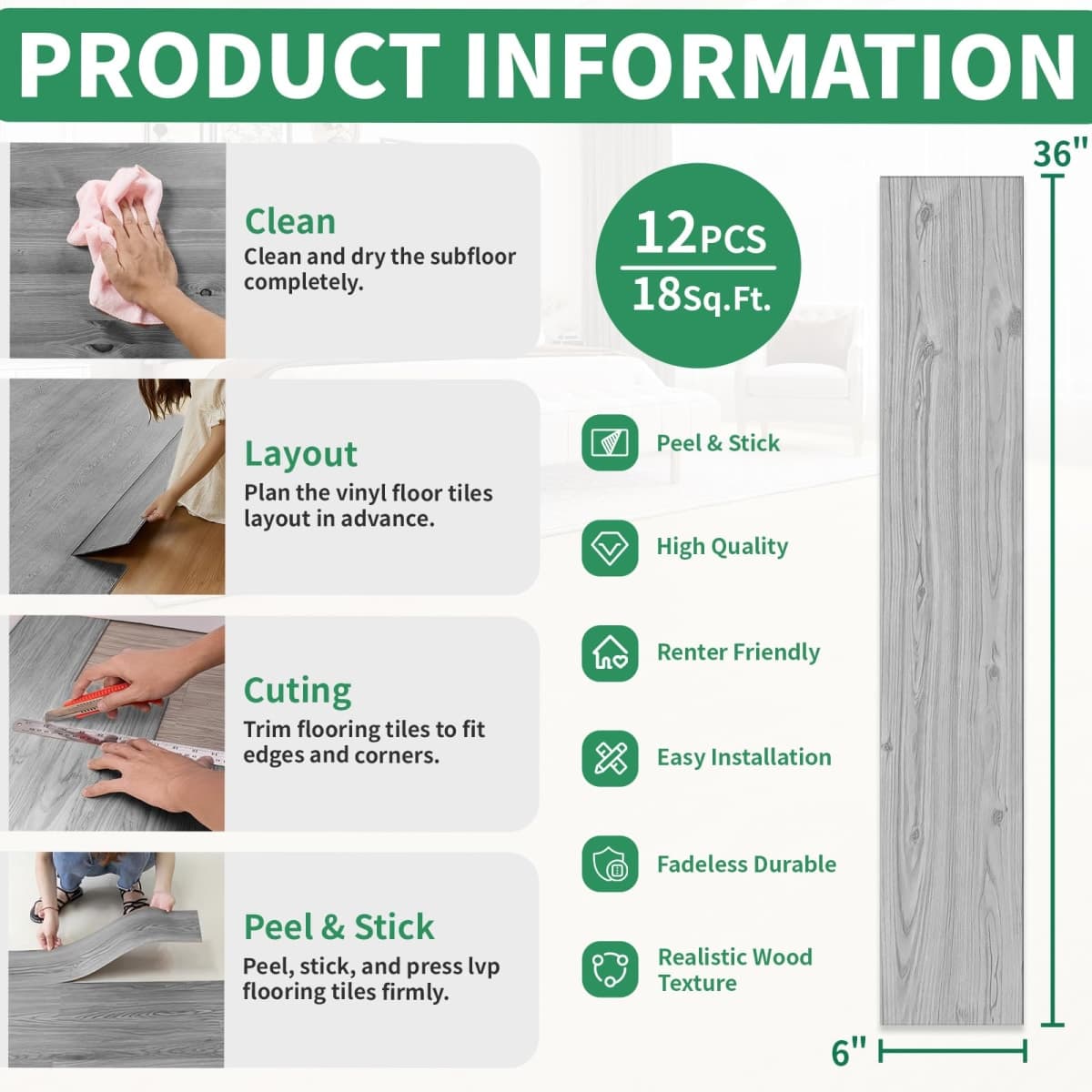 ZRTJ 54 Sq. Ft Vinyl Floor Tiles Peel and Stick, Waterproof Self Adhesive Flooring Planks, No Residue, Easy Installation for Kitchen, Living Room, Shops, Pine Wood Pattern, 36-Pack, Nature Gray thumbnail 4