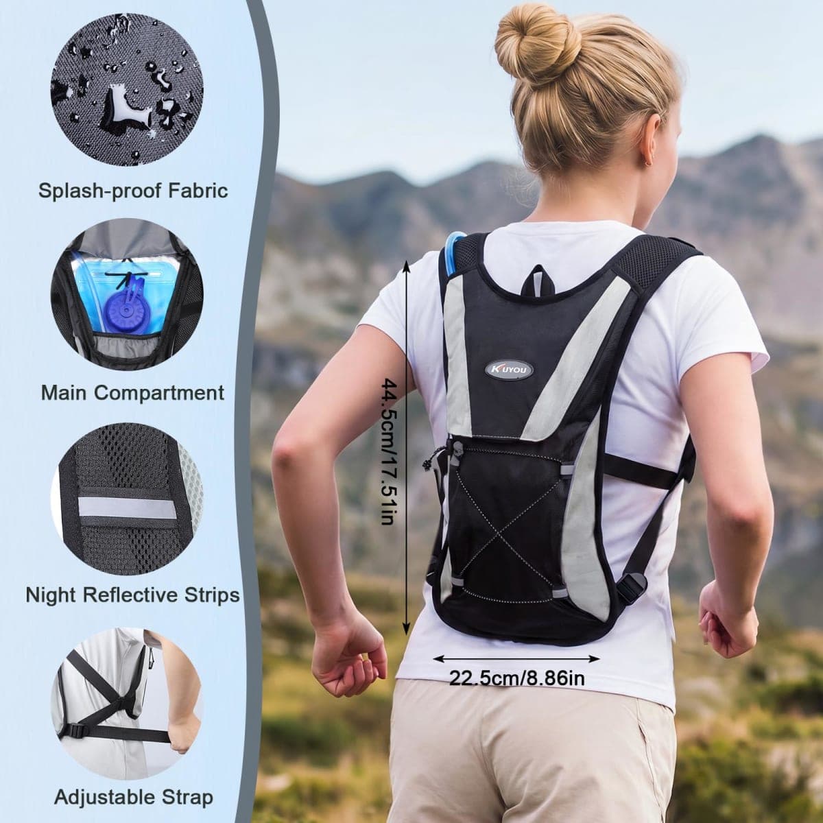 [KuYou]Hydration Backpack,Water Rucksack Bladder Bag for Running Hiking Cycling and Any Other Outdoor Sports with 2L TPU Hydration Bladder (Black) thumbnail 2
