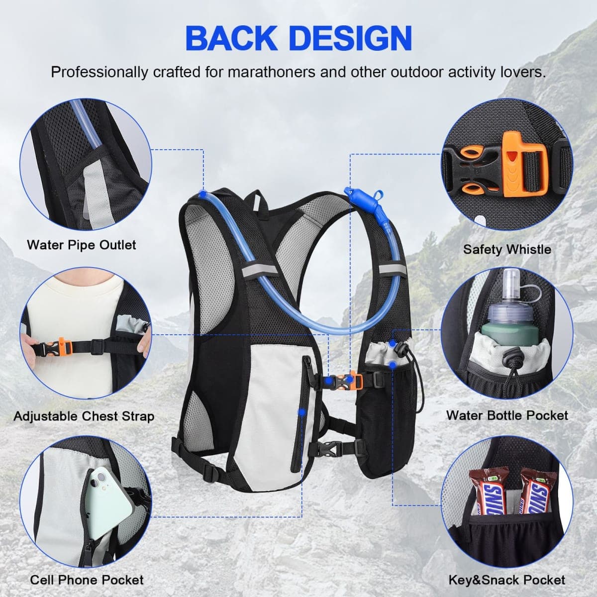 [KuYou]Hydration Backpack,Water Rucksack Bladder Bag for Running Hiking Cycling and Any Other Outdoor Sports with 2L TPU Hydration Bladder (Black) thumbnail 3