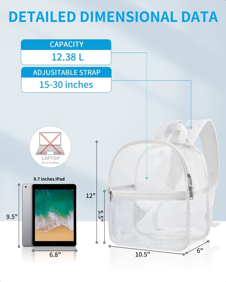 Paxiland Clear Backpack Stadium Approved, 12x10.5x6 Inches Clear School Bag, White, 12x10.5x6 inches, Backpacks thumbnail 2