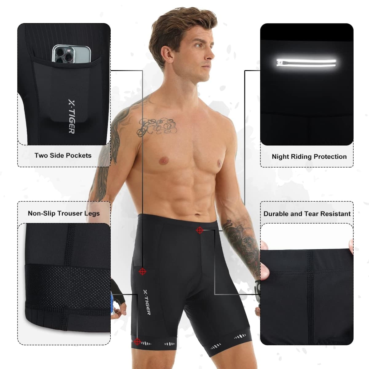 X-TIGER Men's Cycling Shorts with Back Pocket,5D Gel Padded Bike Shorts for Men,Mountain Road Biking Riding Half Pants Tights, A-black(2side Pocket), X-Large thumbnail 3