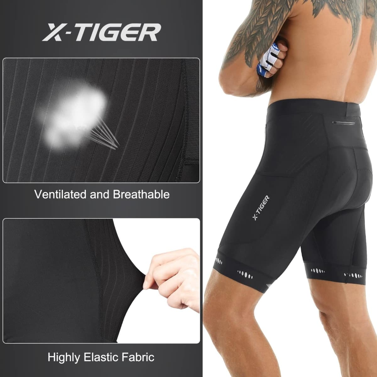 X-TIGER Men's Cycling Shorts with Back Pocket,5D Gel Padded Bike Shorts for Men,Mountain Road Biking Riding Half Pants Tights, A-black(2side Pocket), X-Large thumbnail 4