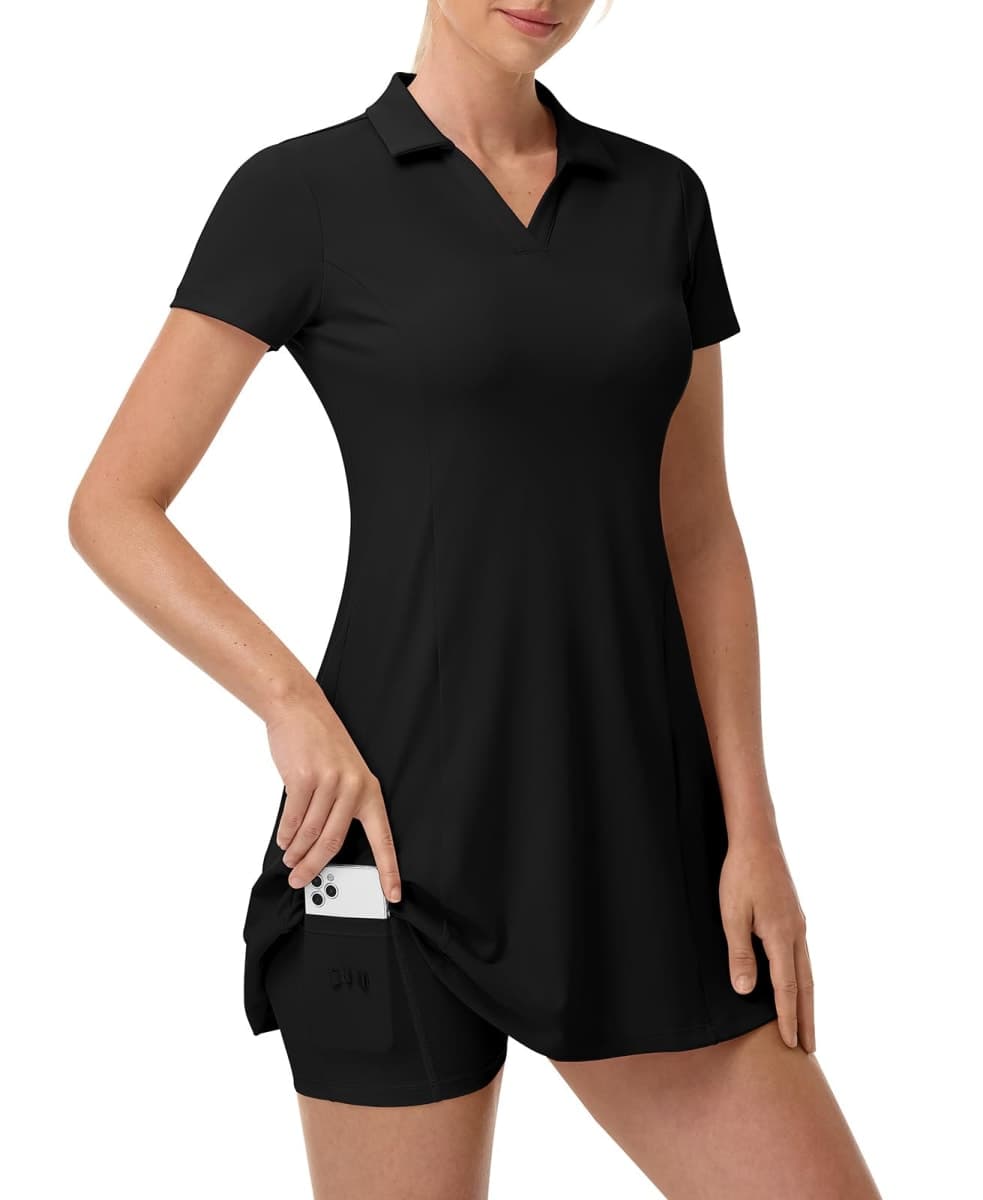 YSENTO Women's Golf Polo Dress Build in Shorts with Pockets V Neck Collar Stretch Tennis Dresses Athletic 2 Pieces Sets, Black, Medium thumbnail 2
