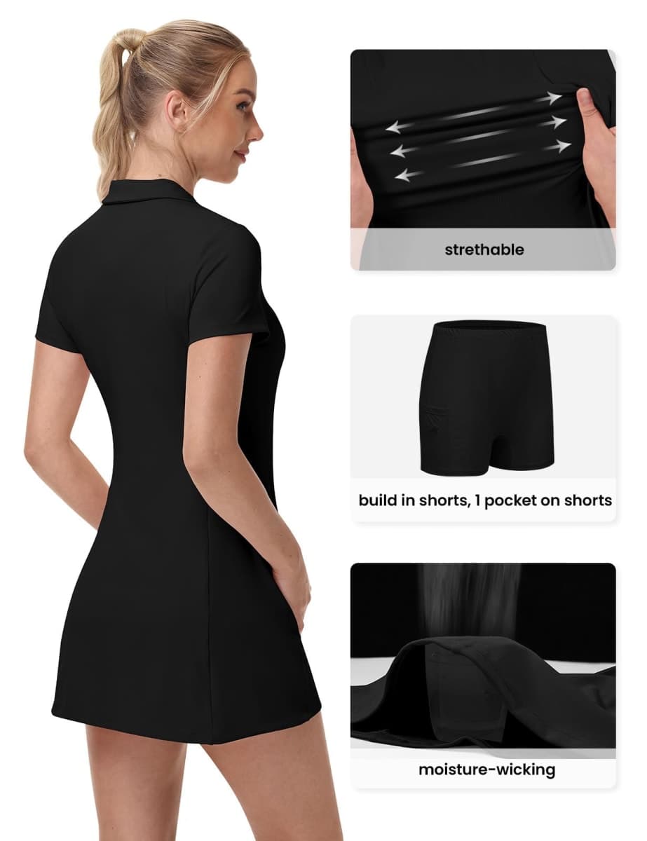 YSENTO Women's Golf Polo Dress Build in Shorts with Pockets V Neck Collar Stretch Tennis Dresses Athletic 2 Pieces Sets, Black, Medium thumbnail 3