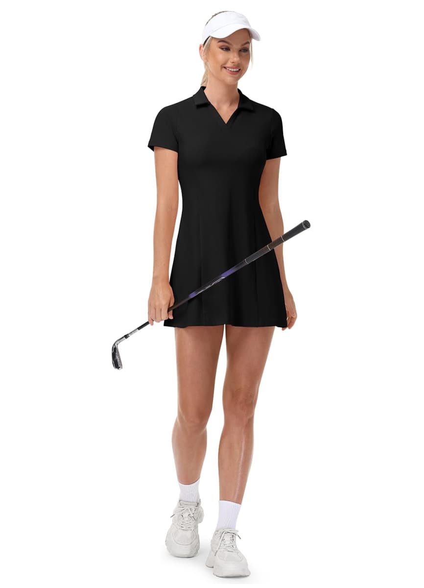 YSENTO Women's Golf Polo Dress Build in Shorts with Pockets V Neck Collar Stretch Tennis Dresses Athletic 2 Pieces Sets, Black, Medium thumbnail 5