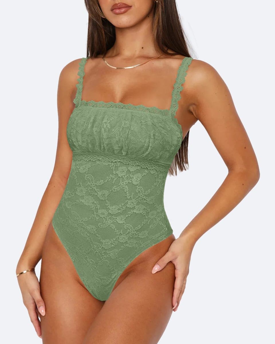Saslax Women's Sexy Square Neck Lace Sleeveless Bodysuit Tank Tops Double Lined Body Suit Thong Outfits, Olive Green, X-Large thumbnail 2